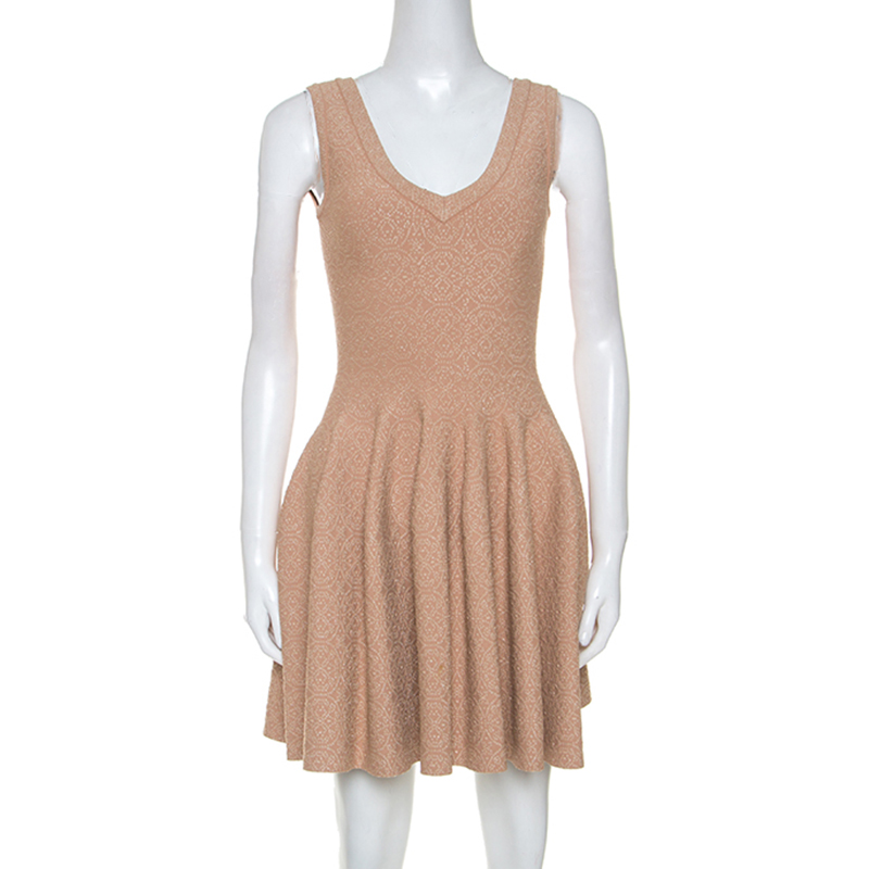 Pre Owned Alaia Beige Jacquard Knit Sleeveless Skater Dress S