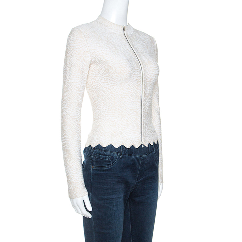 

Alaia Cream Jacquard Lurex Knit Zip Front Cardigan