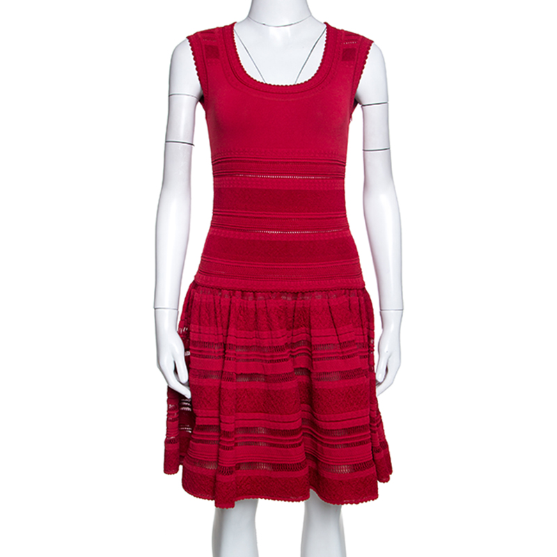Pre-owned Alaïa Dark Red Textured Pointelle Knit Fit And Flare Dress M