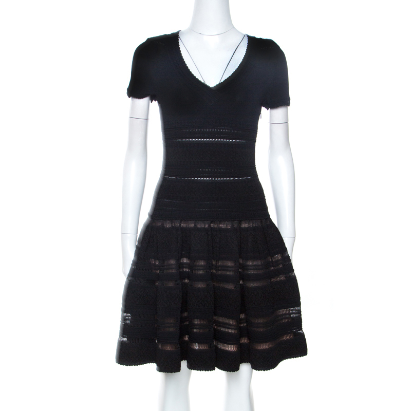 Pre Owned Alaia Black Textured Pointelle Knit Fit and Flare Dress M