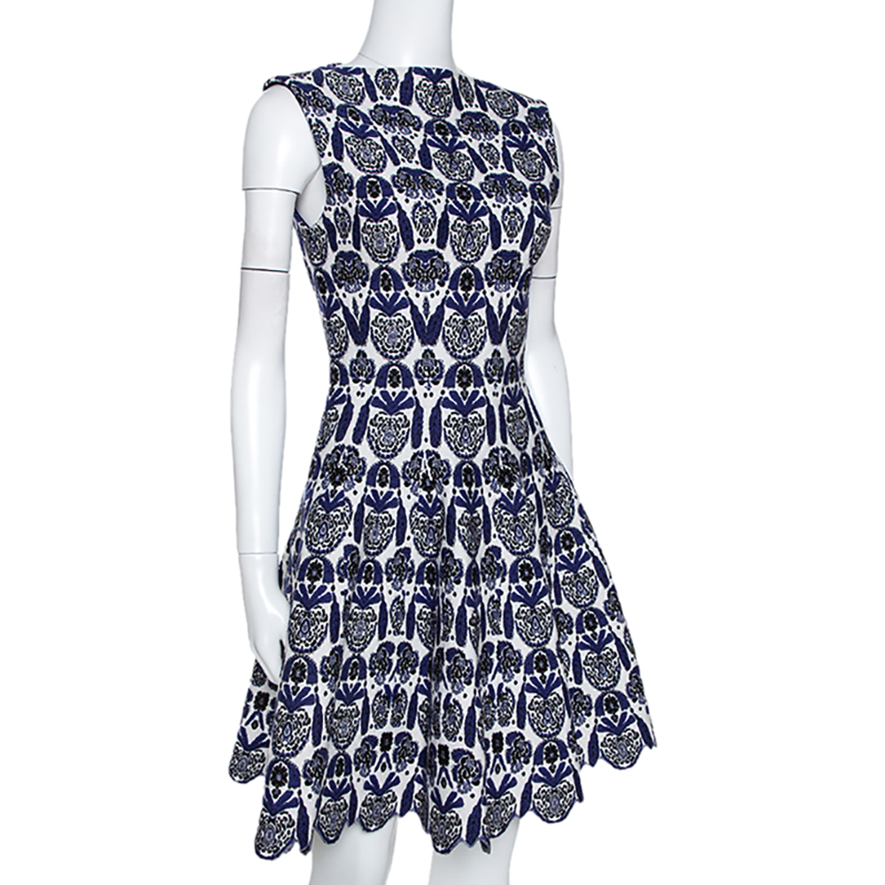 

Alaia Blue and White Wool Jacquard Knit Scalloped Hem Dress