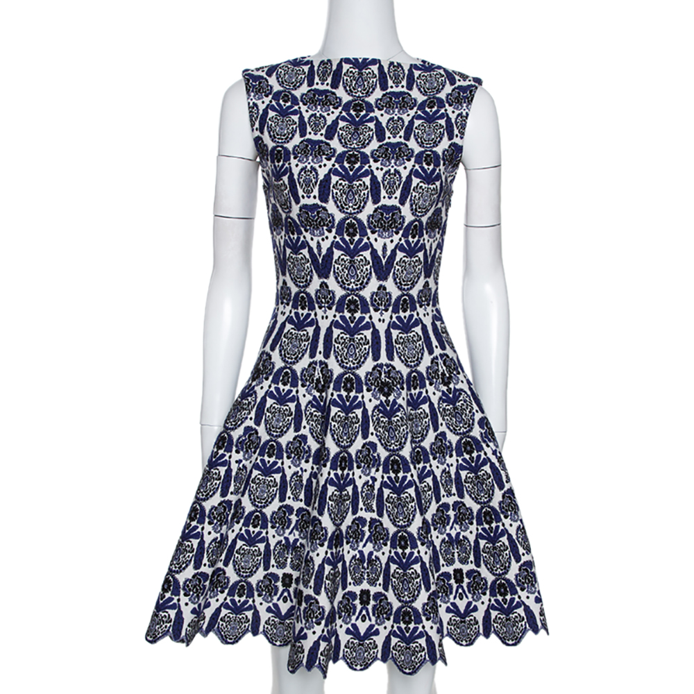 Pre Owned Alaia Blue and White Wool Jacquard Knit Scalloped Hem Dress S