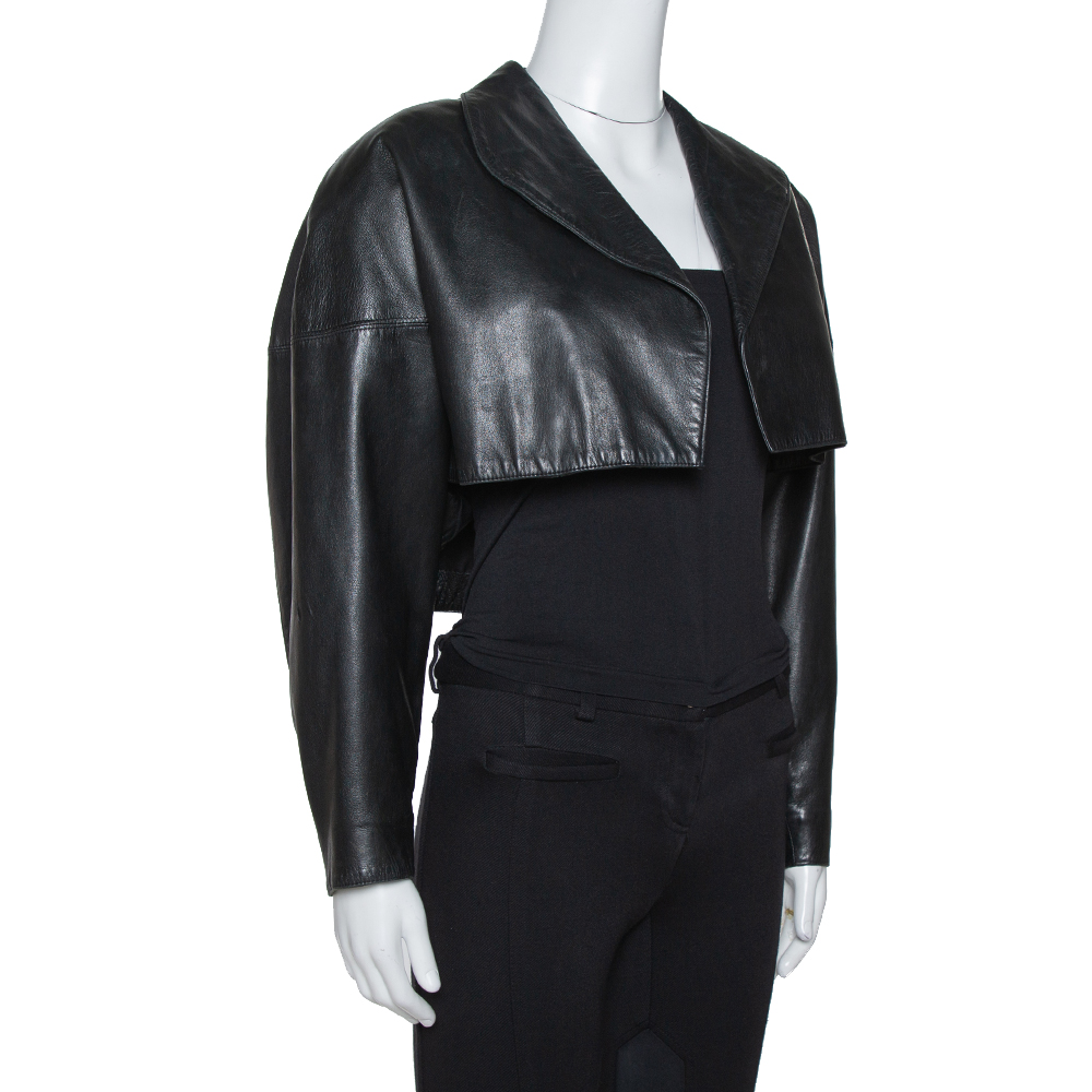 

Alaia Black Leather Open Front Cropped Jacket