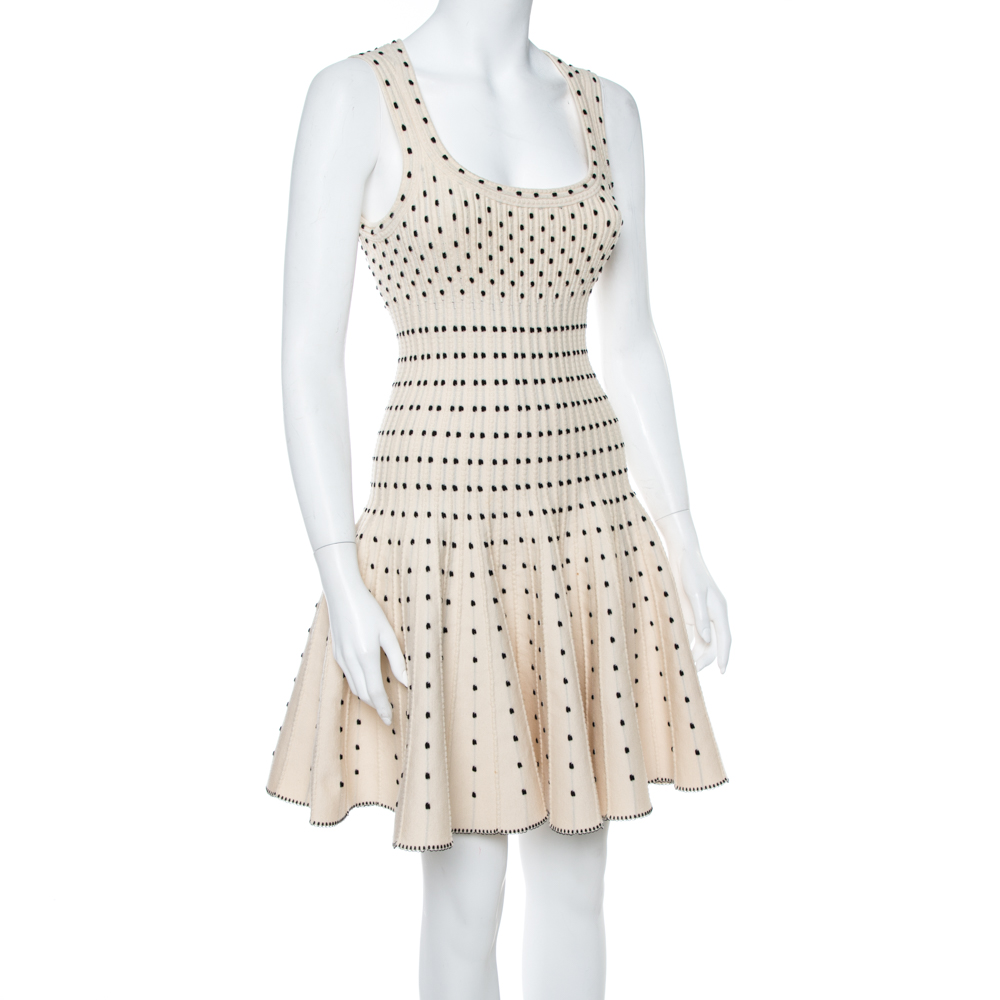 

Alaia Monochrome Wool Dobby Dotted Sleeveless Flared Dress, Beige