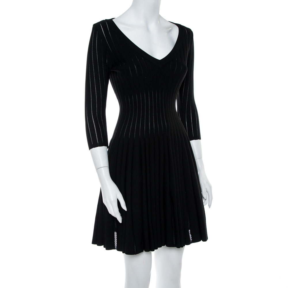 

Alaia Black Perforated Rib Knit Fit & Flare Dress