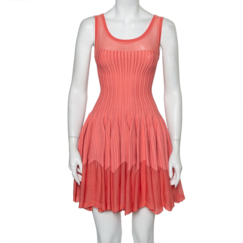 Pre-owned Alaïa Pink Striped Knit Flared Sleeveless Flared Dress M