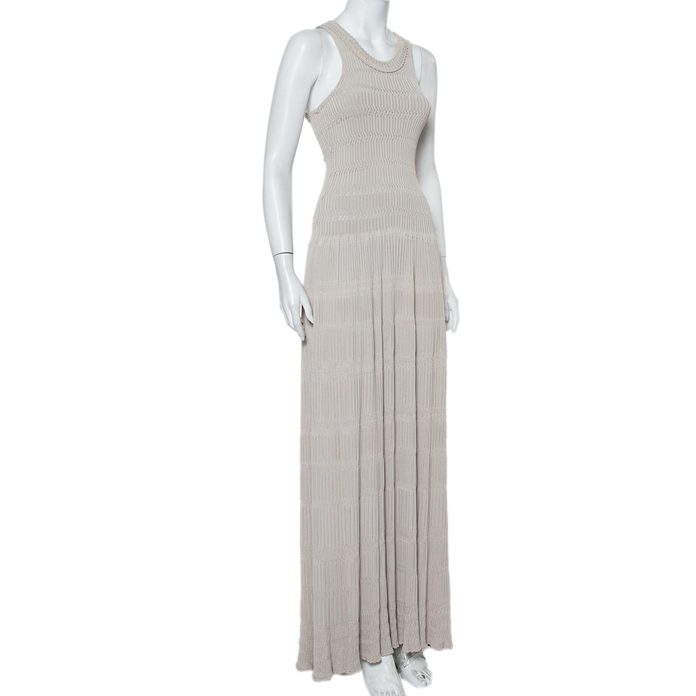 

Alaia Ecru Rib Knit Cutaway Sleeve Maxi Dress, Beige