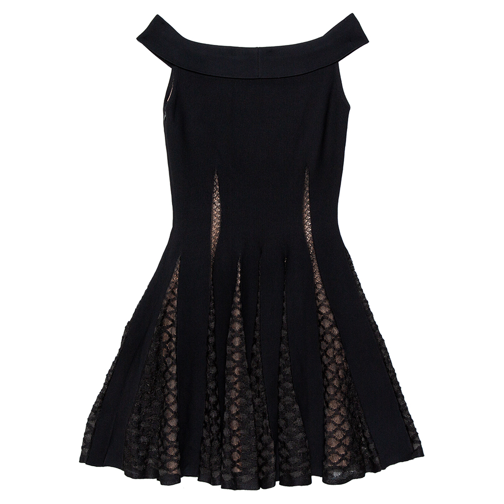 

Alaia Black Knit & Lace Paneled Off-Shoulder Mini Dress
