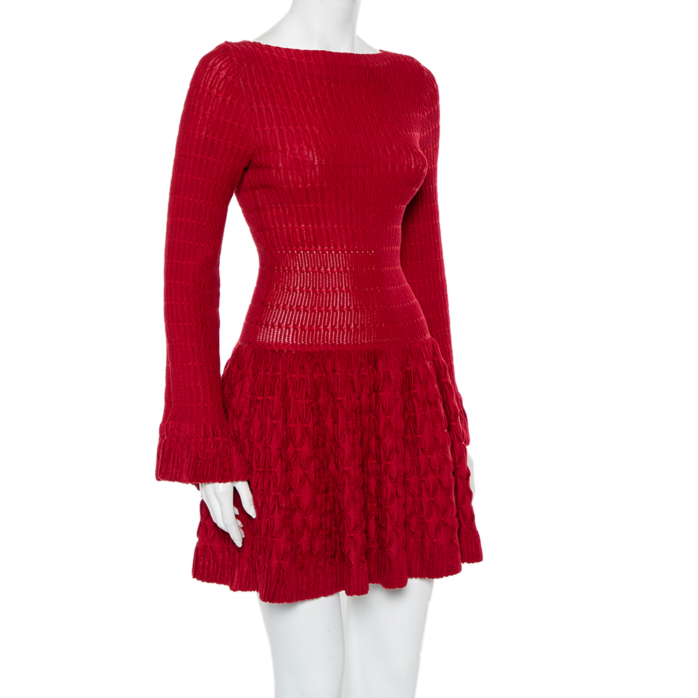 

Alaia Red Chenille Wool Patterned Long Sleeve Skater Dress
