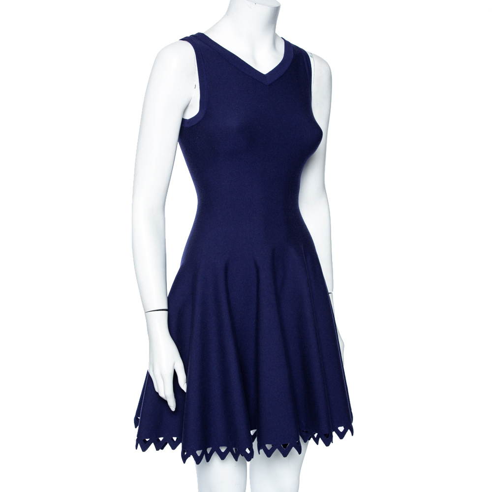 

Alaia Navy Blue Wool Knit Laser Cut Hem Detail Flared Mini Dress