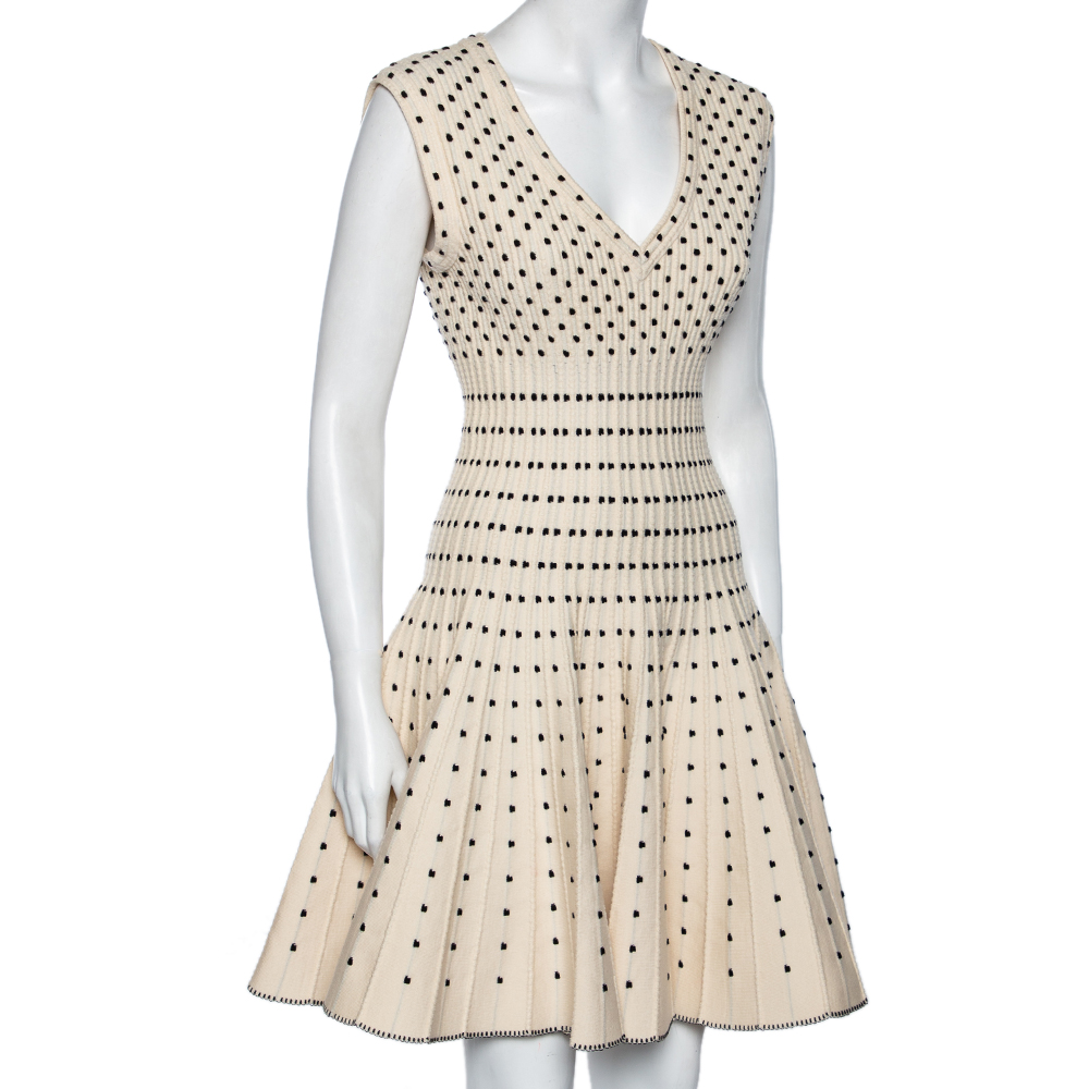 

Alaia Monochrome Wool Dobby Dotted Sleeveless Flared Dress, Beige