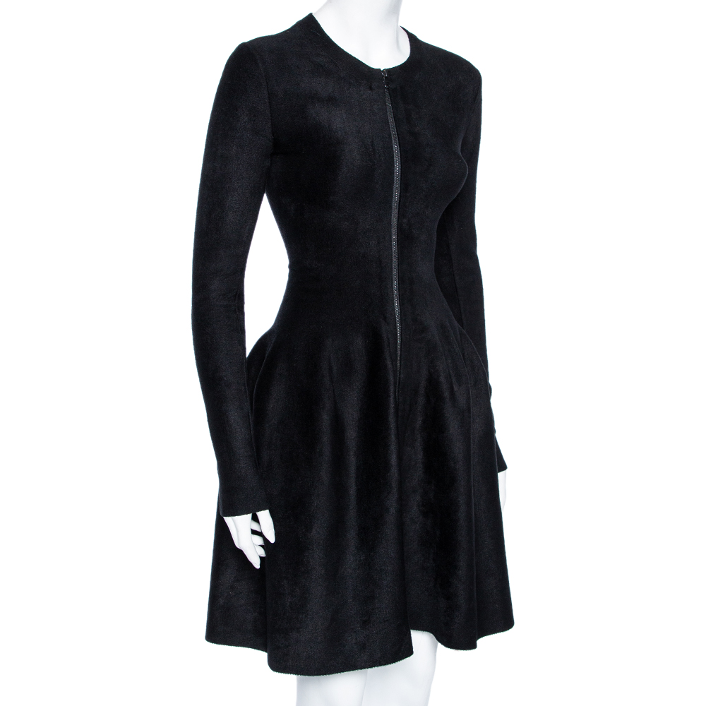 

Alaia Black Blush Velvet Zip Front Flared Dress