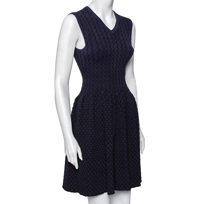 

Alaia Navy Blue Patterned Stretch Knit Sleeveless Flared Dress