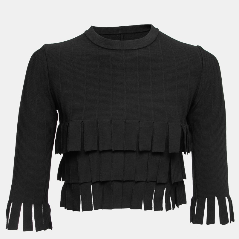 Pre Owned Alaia Black Ribbed-Knit Fringed Cropped Top M