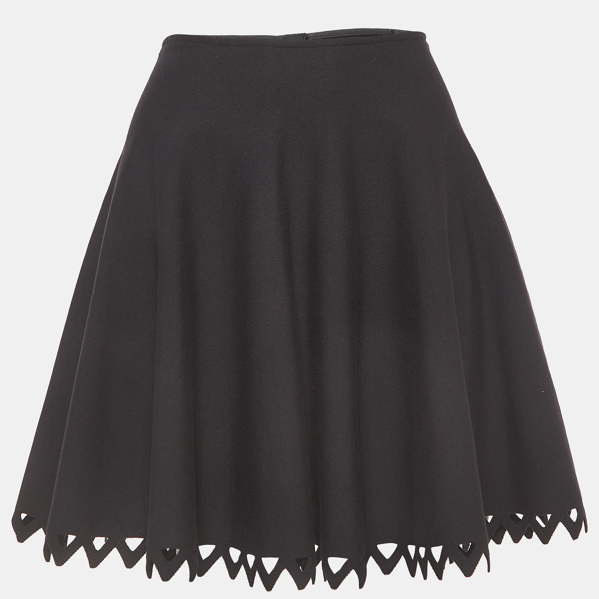 

Alaia Black Knit Scallop Cut-Out Hem Flared Mini Skirt