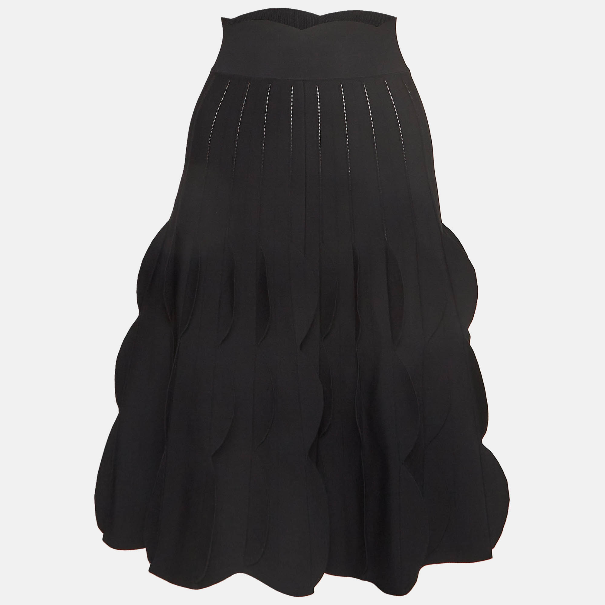 Pre-owned Alaïa Black Knit Flared Scalloped Trim Midi Skirt M