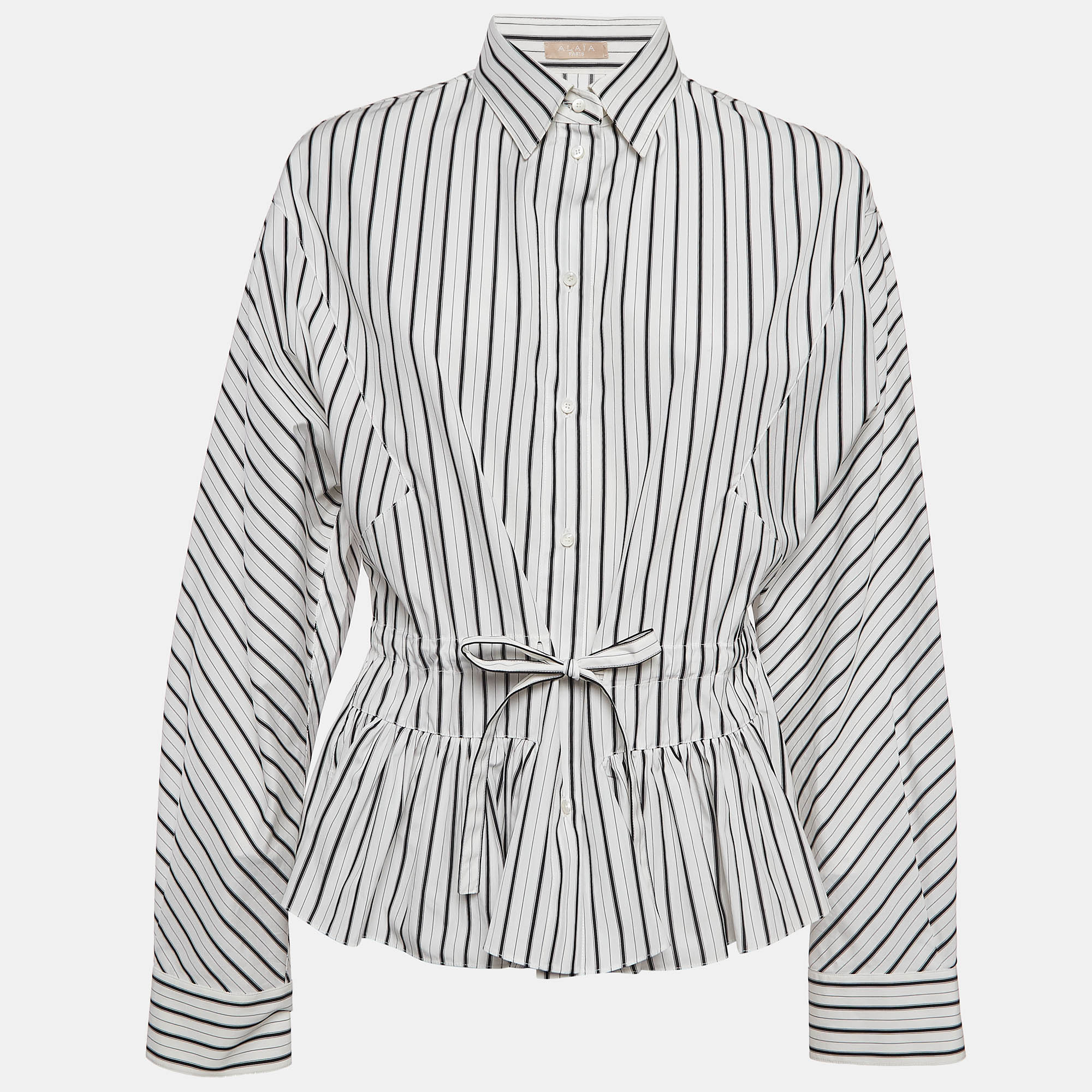 

Alaia White/Black Pinstripe Cotton Cinched Waist Shirt L