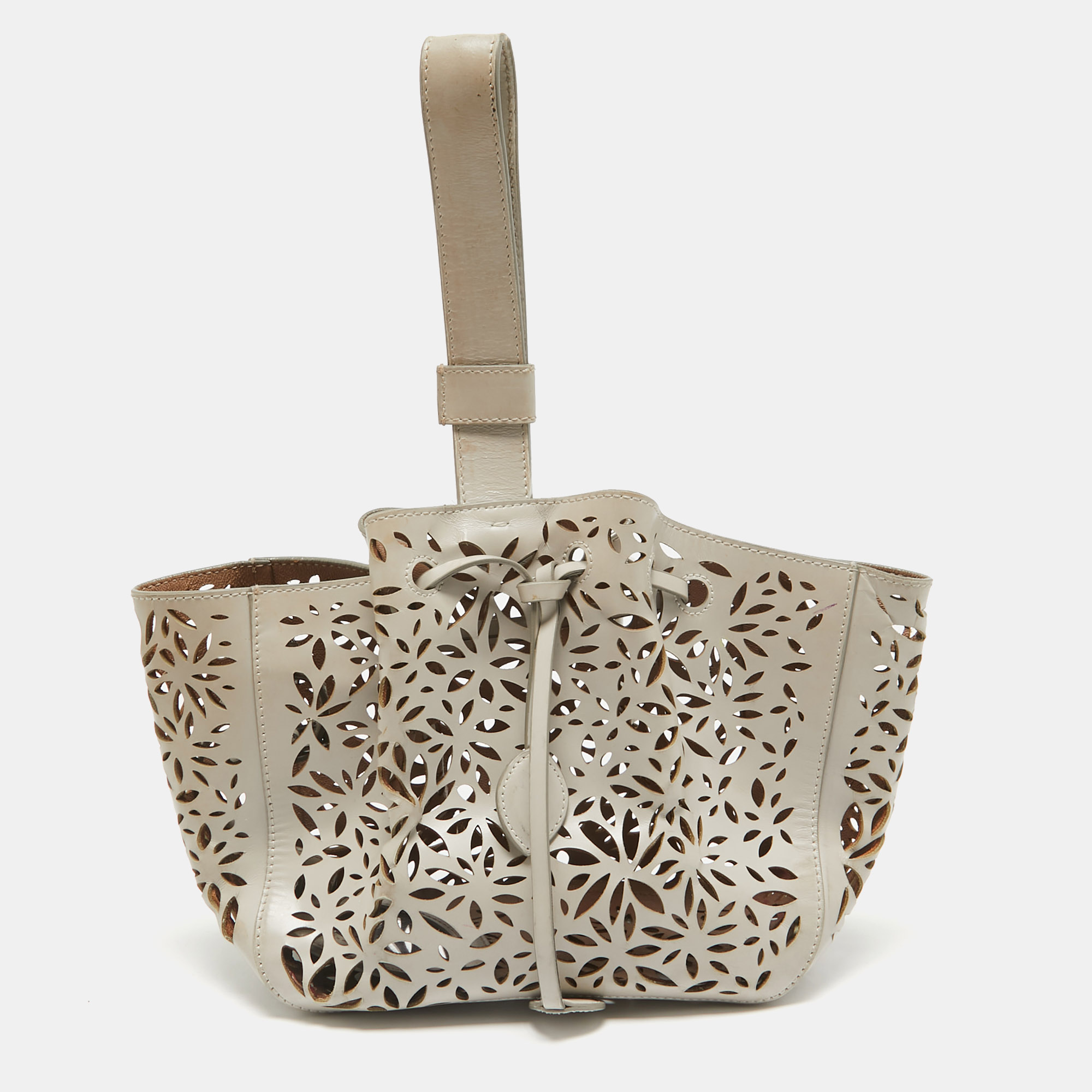 

Alaia Beige Lasercut Leather Rose Marie Bucket Bag