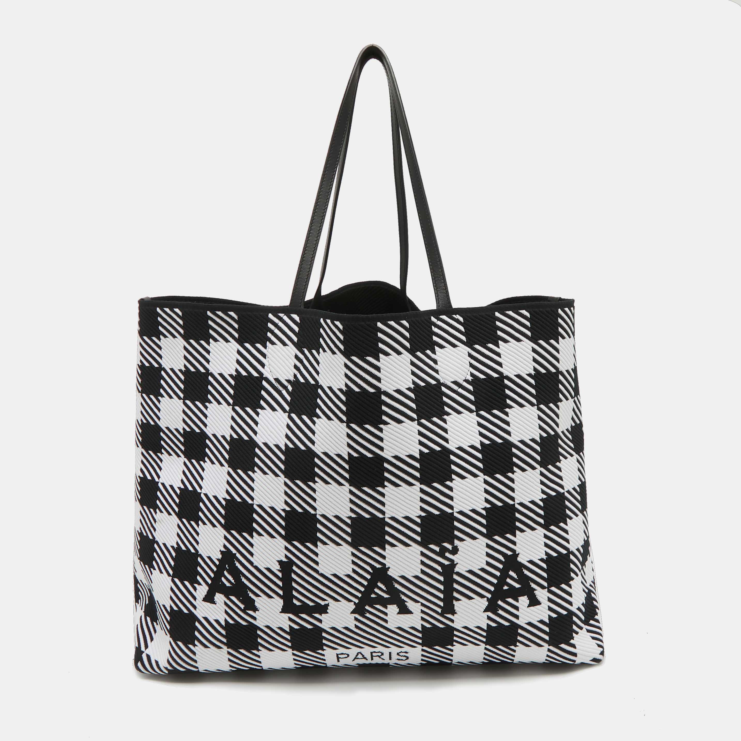 

Alaia Black/White Canvas and Leather Large Houndstooth Tote