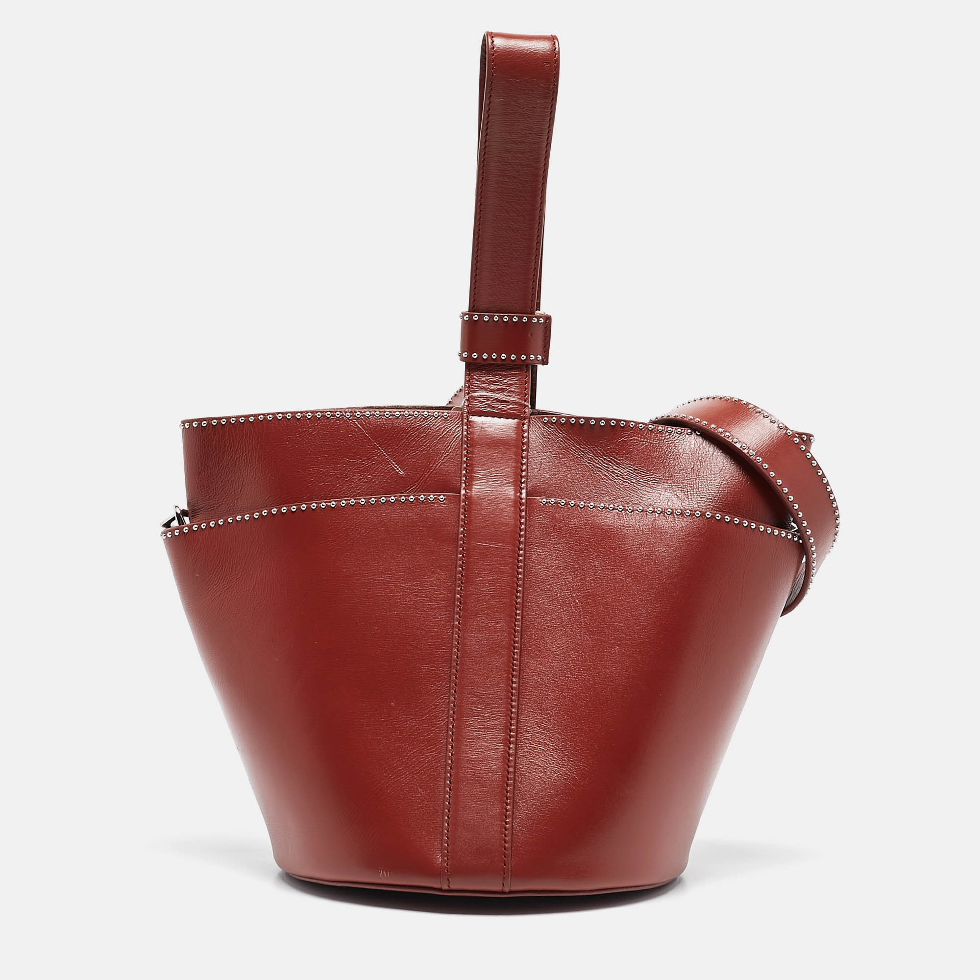 

Alaia Brick Red Leather Rose Marie Bucket Bag