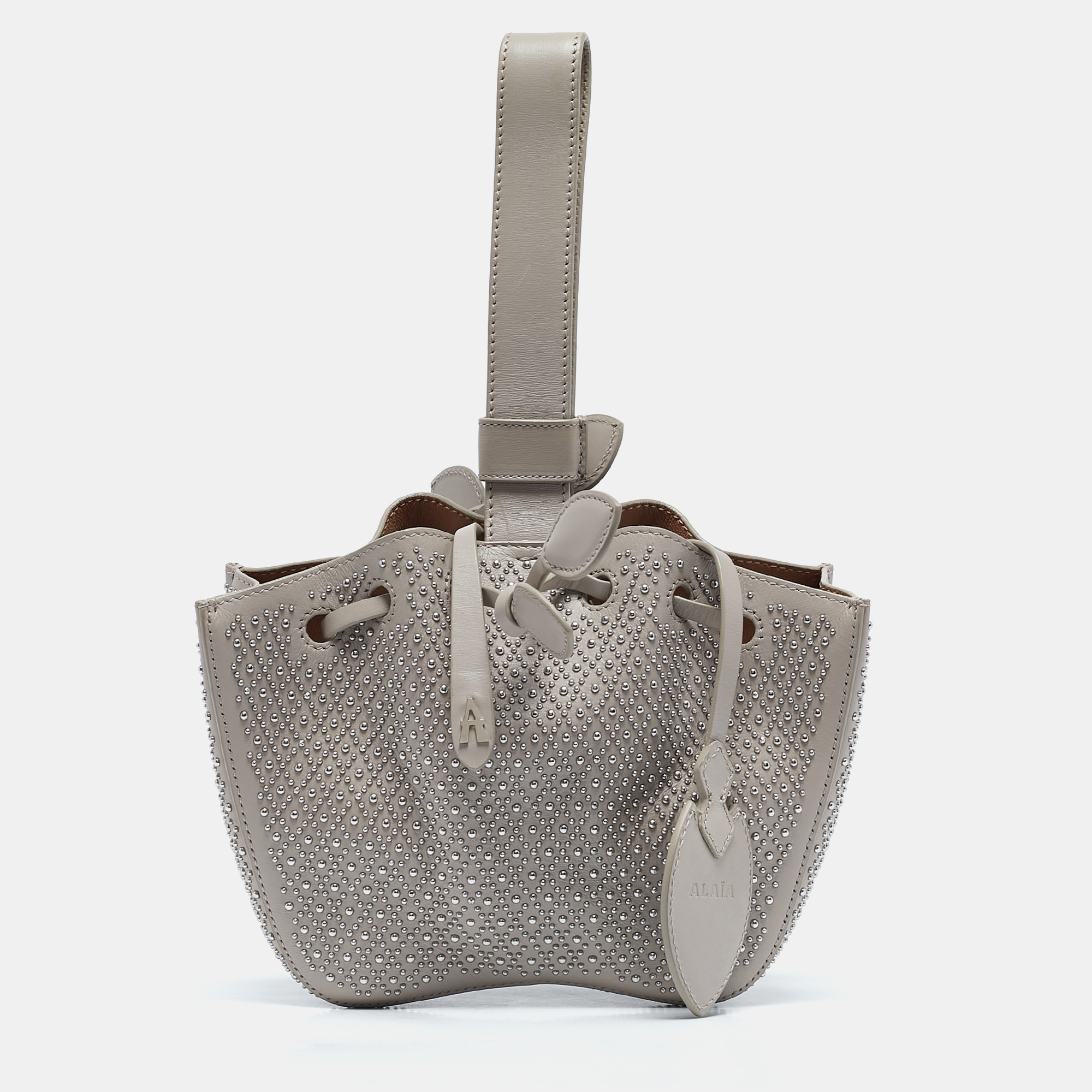 

Alaia Grey Leather Mini Studded Roe Marie Bucket Bag