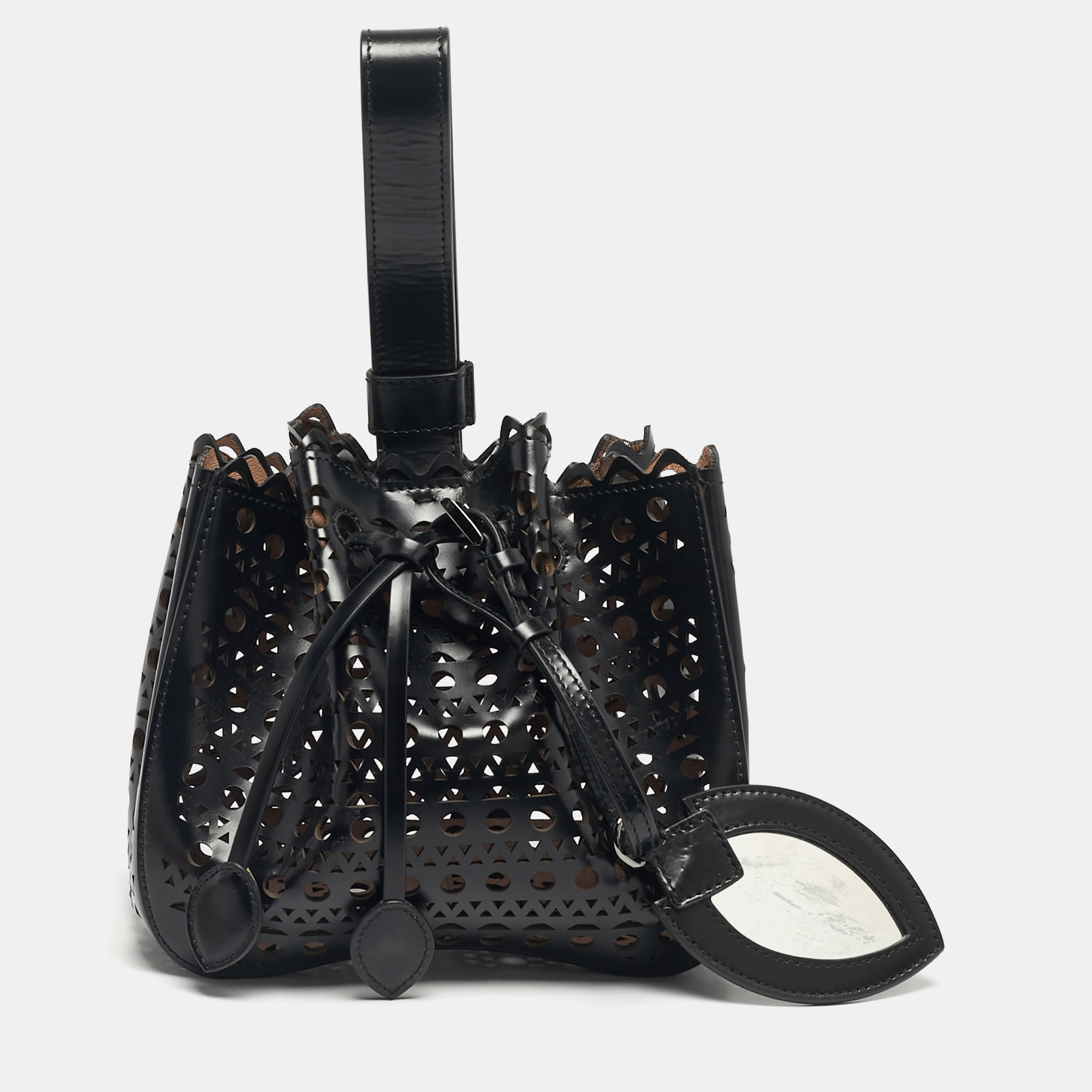 

Alaia Black Laser Cut Leather  Rose Marie Bucket Bag