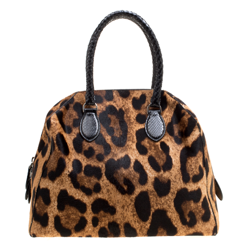 Alaia Beige/Black Leopard Print Calfhair and Snakeskin Satchel