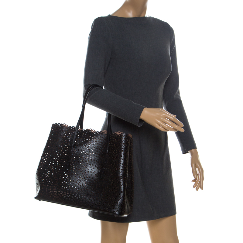 

Alaia Black Leather Laser Cut Mina Tote