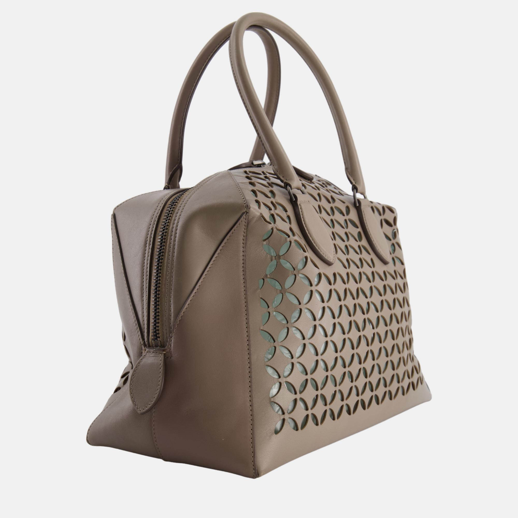 

Alaia Taupe Brown Laser Cut Leather Small Tote Bag