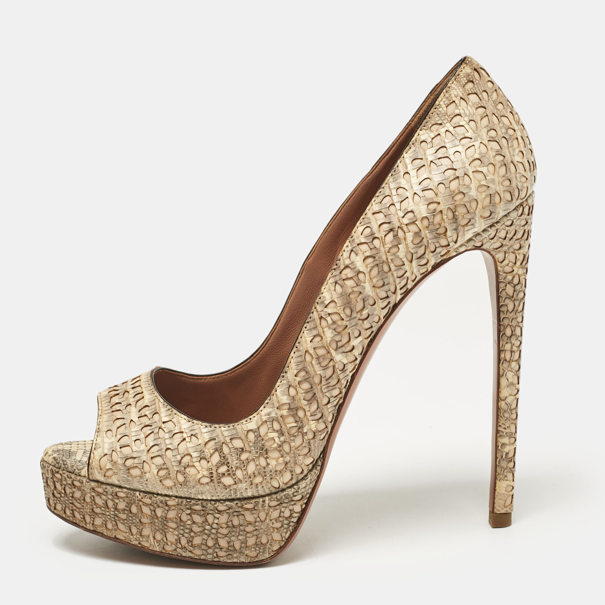 

Alaia Beige/Grey Embossed Lizard Laser Cut Peep Toe Platform Pumps Size