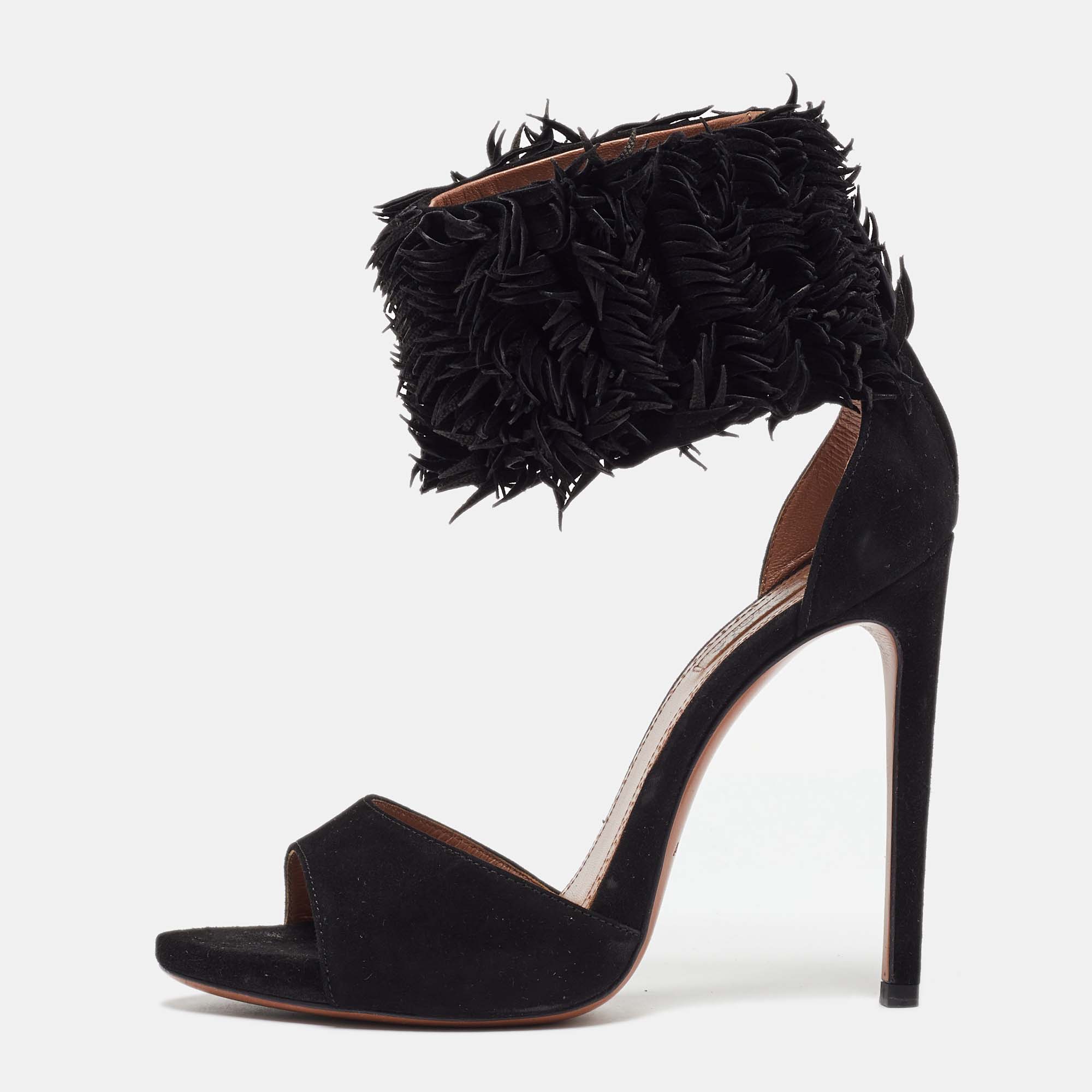 

Alaia Black Suede Fringed Chamois Ankle Cuff Sandals Size