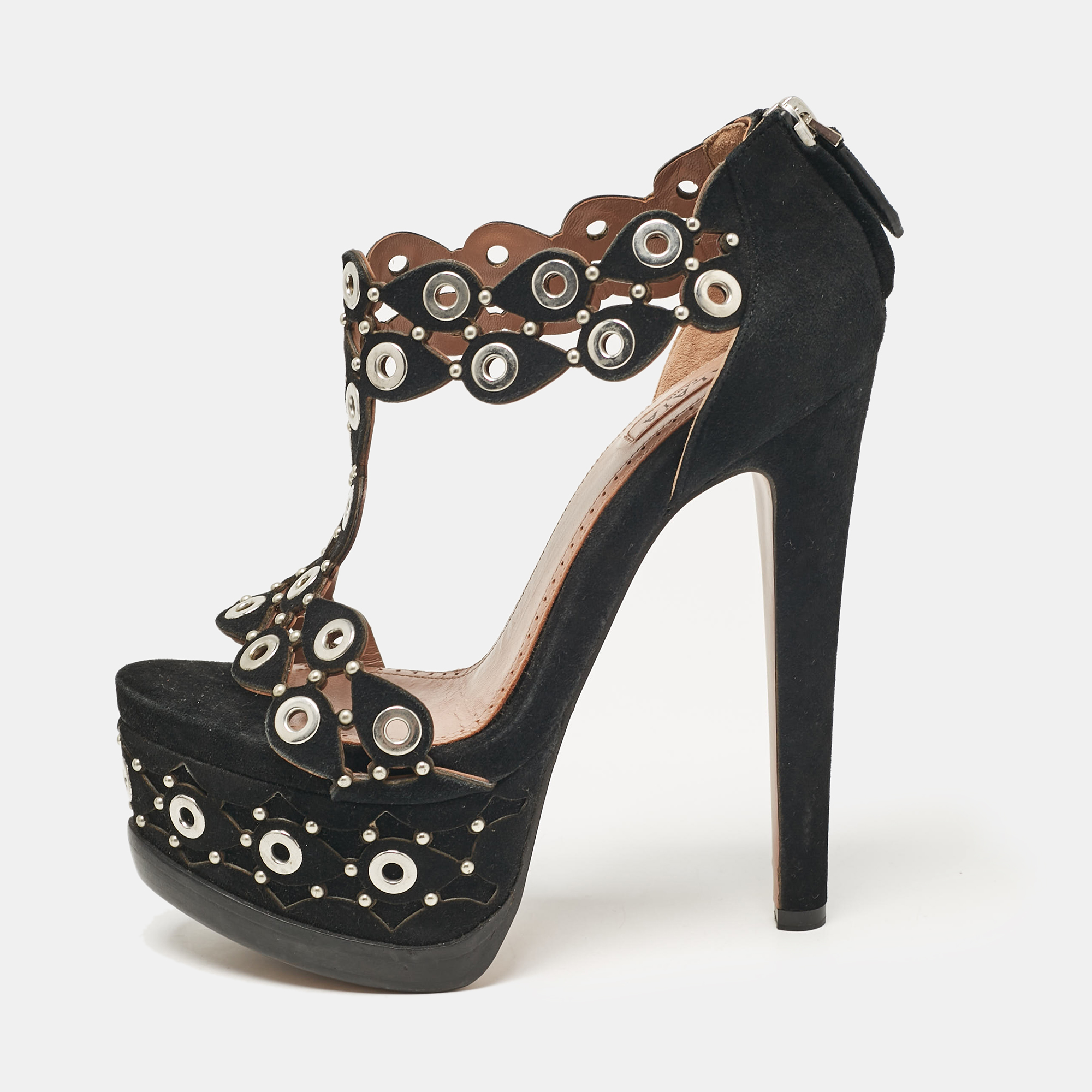 

Alaia Black Suede Eyelet Studded Platform Sandals Size