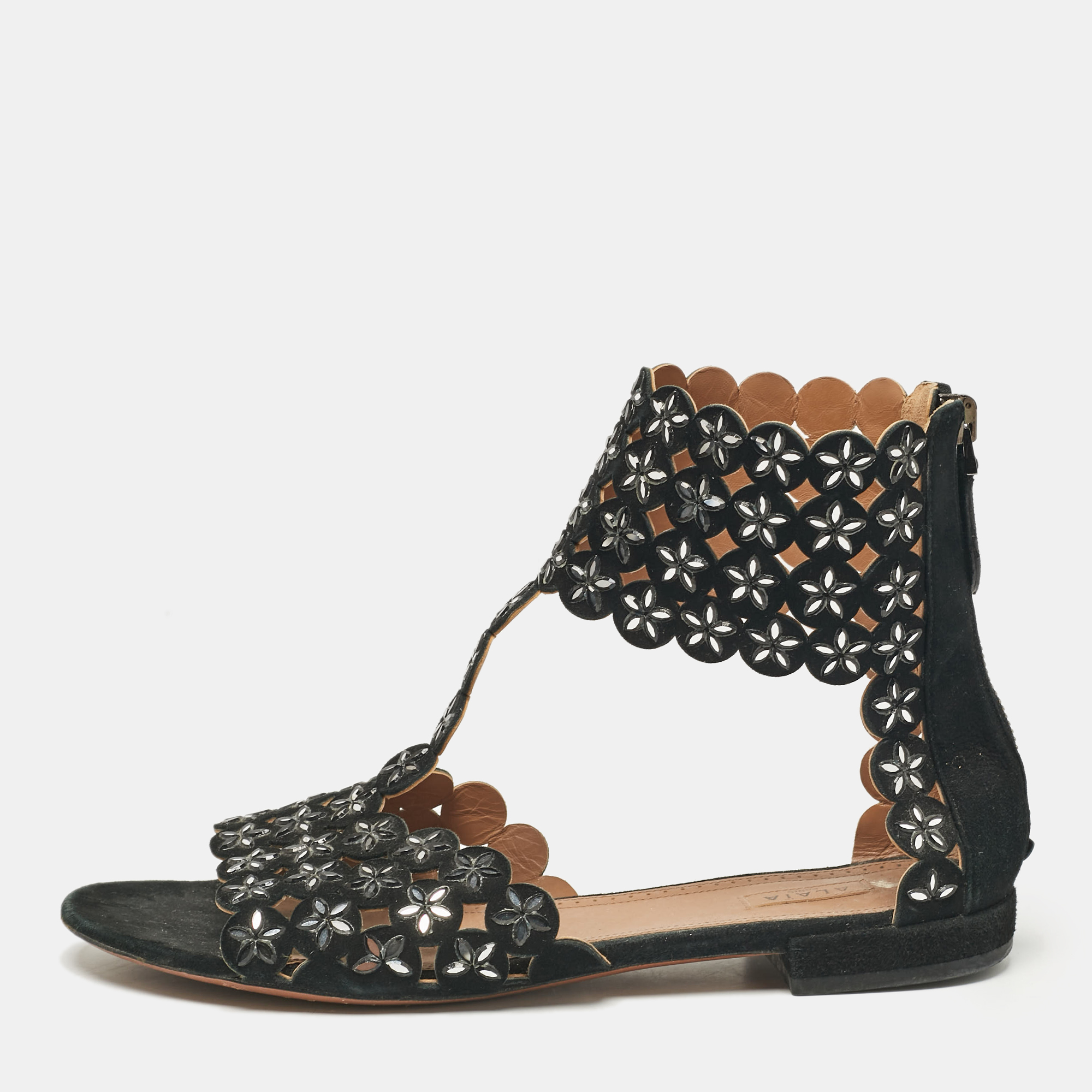 

Alaia Black Laser Cut Suede Crystal Embellished Flat Sandals Size