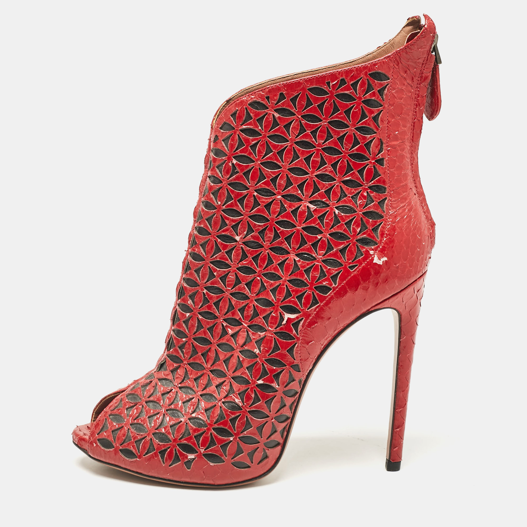 

Alaia Red Laser Cut Python Peep Toe Booties Size