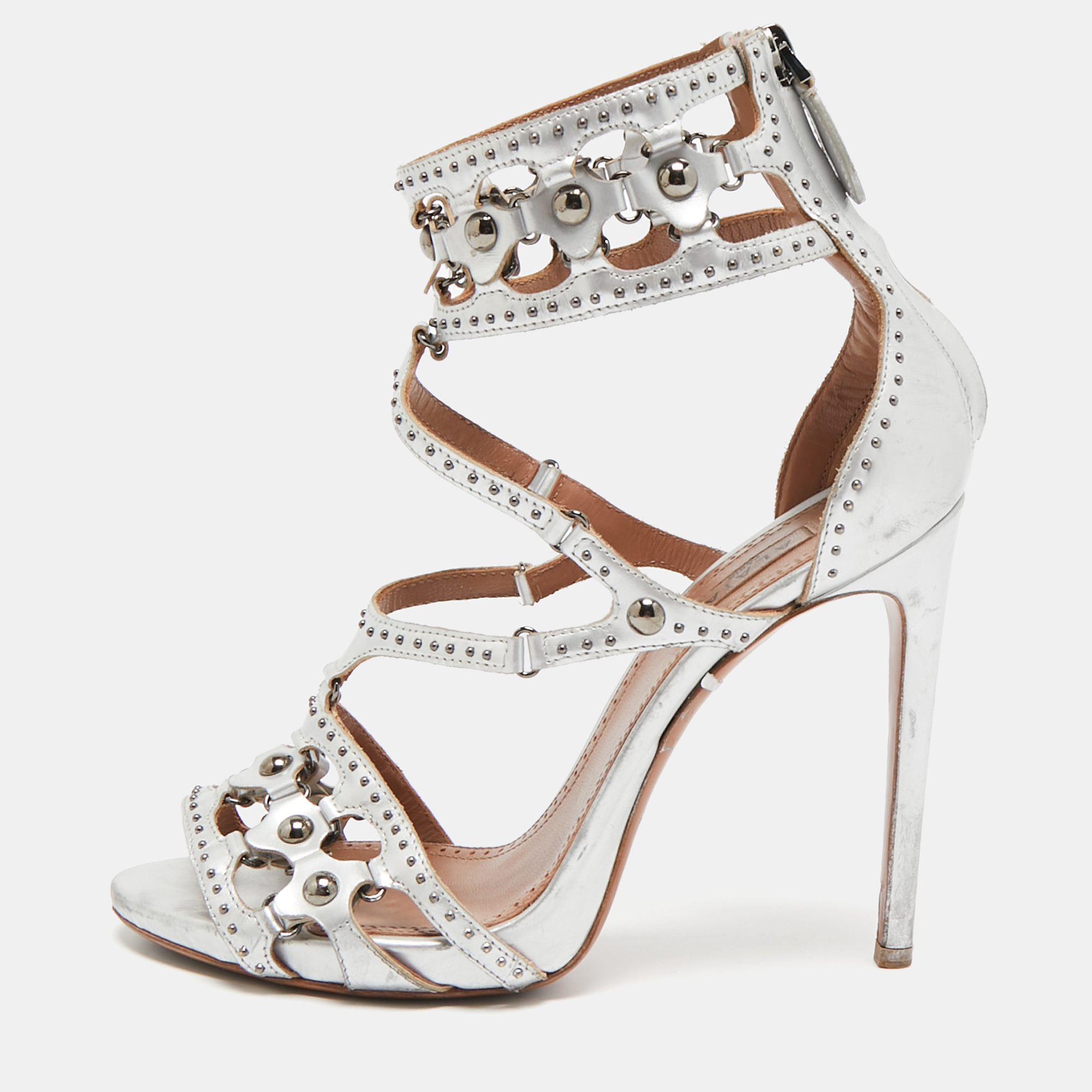 

Alaia Silver Leather Cut Out Studded Ankle Strap Sandals Size