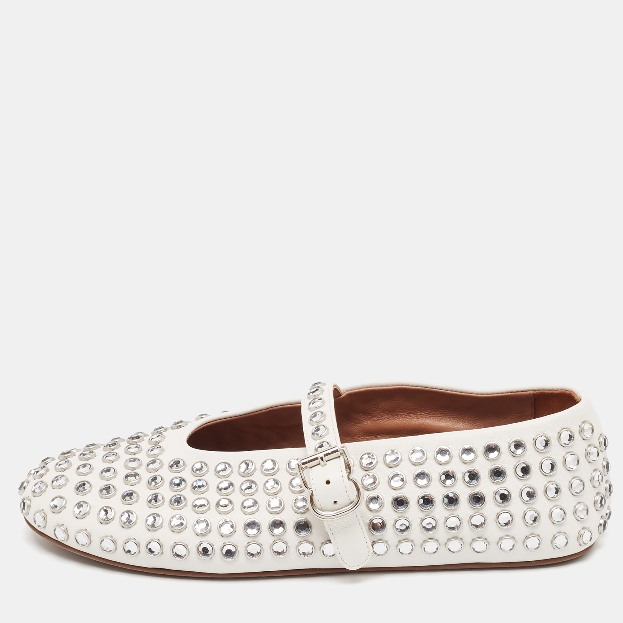 

Alaia White Leather Crystal Embellished Mary Jane Ballet Flats Size