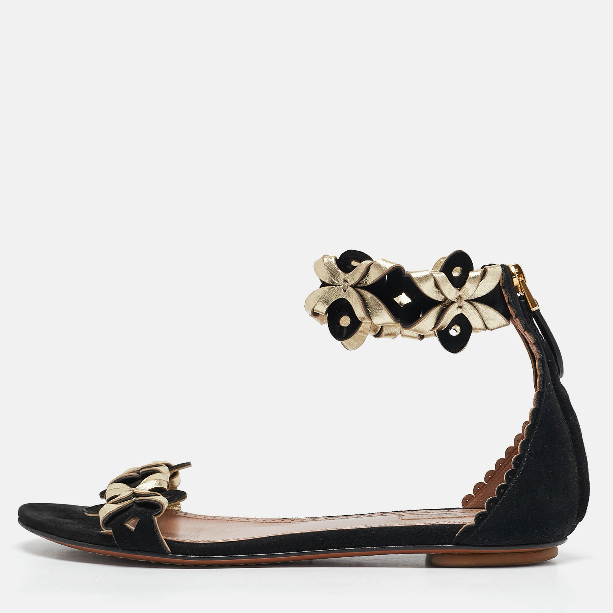 

Alaia Black/Gold Leather and Suede Ankle Strap Flat Sandals Size