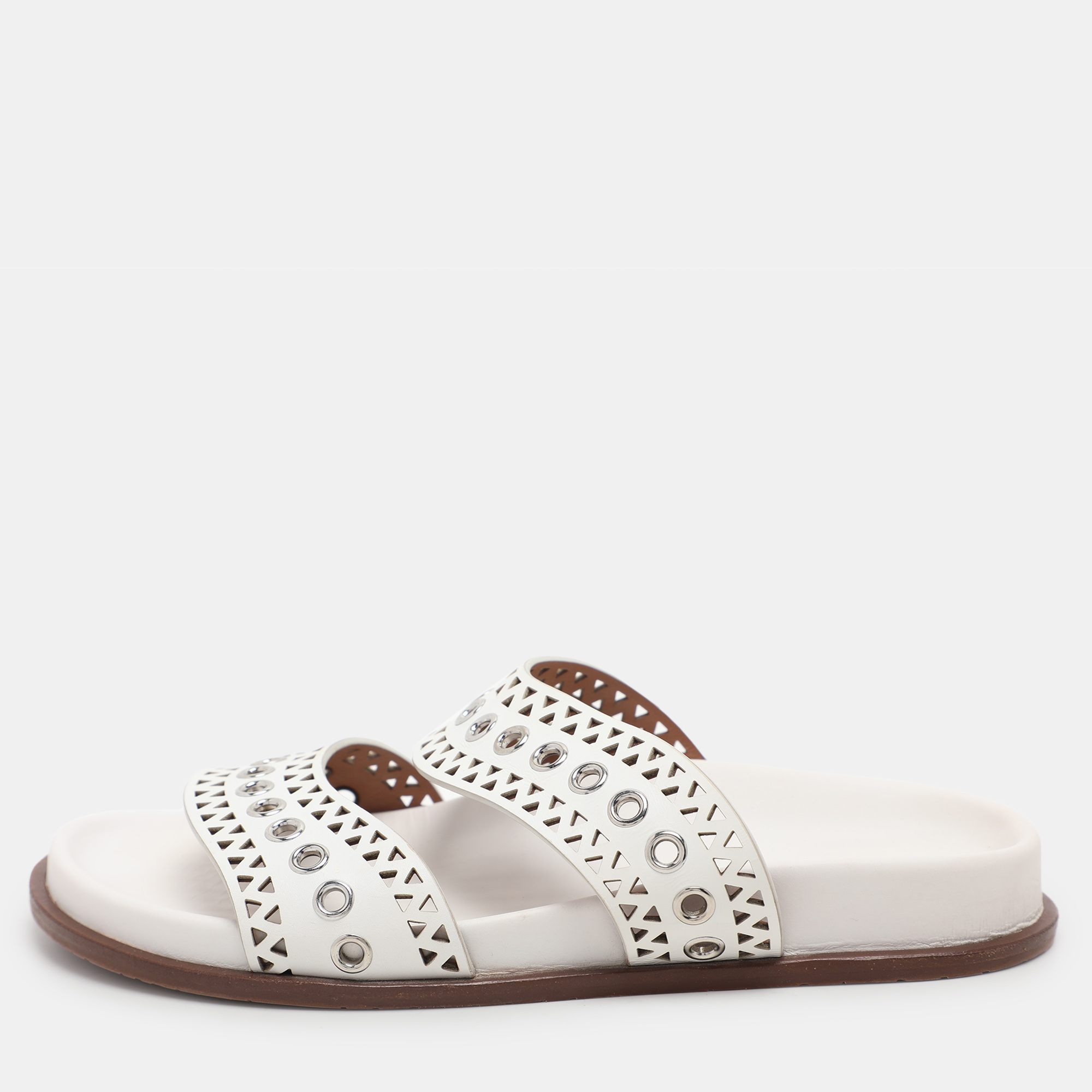 

Alaia White Leather Grommet Flat Slides Size