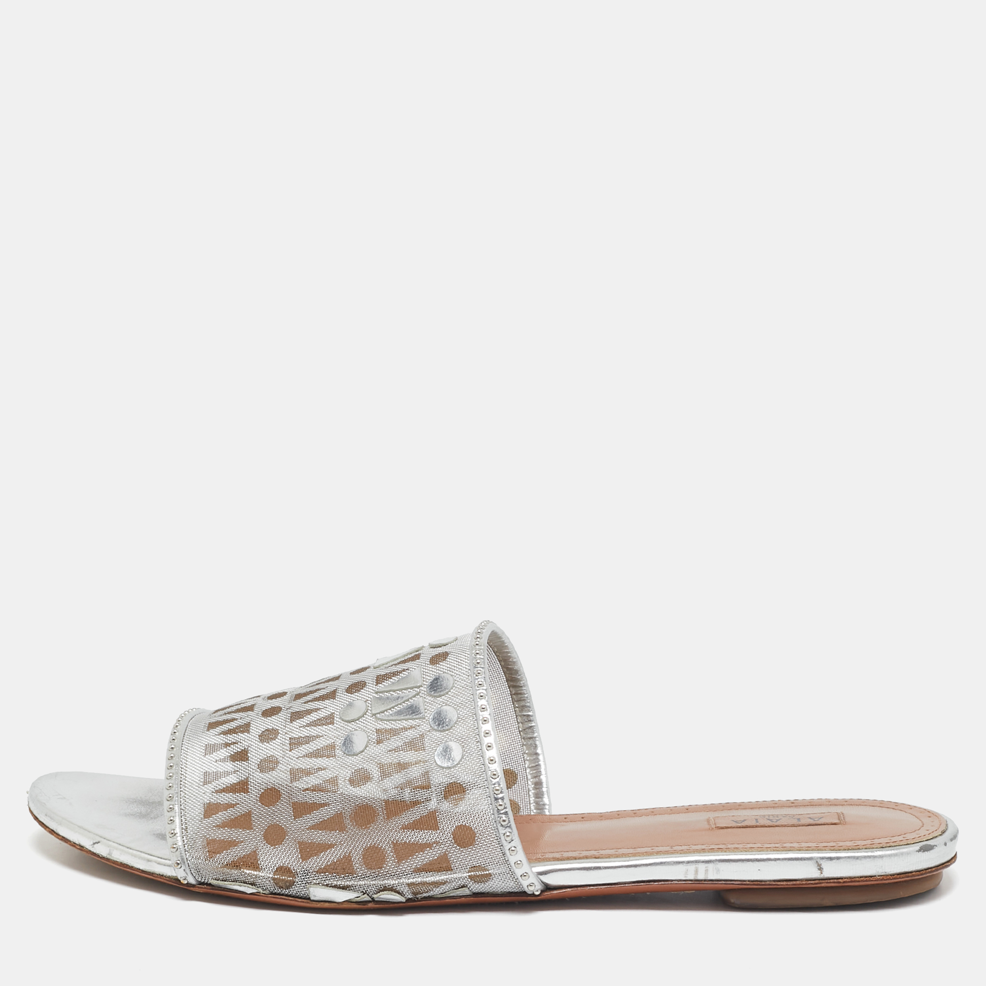 

Alaia Silver Leather and Net Flat Slides Size