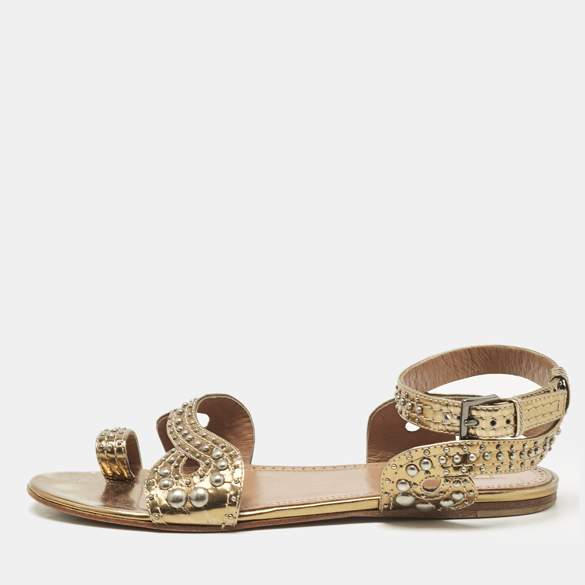 

Alaia Gold Leather Embellished Ankle Strap Flat Sandals Size, Brown