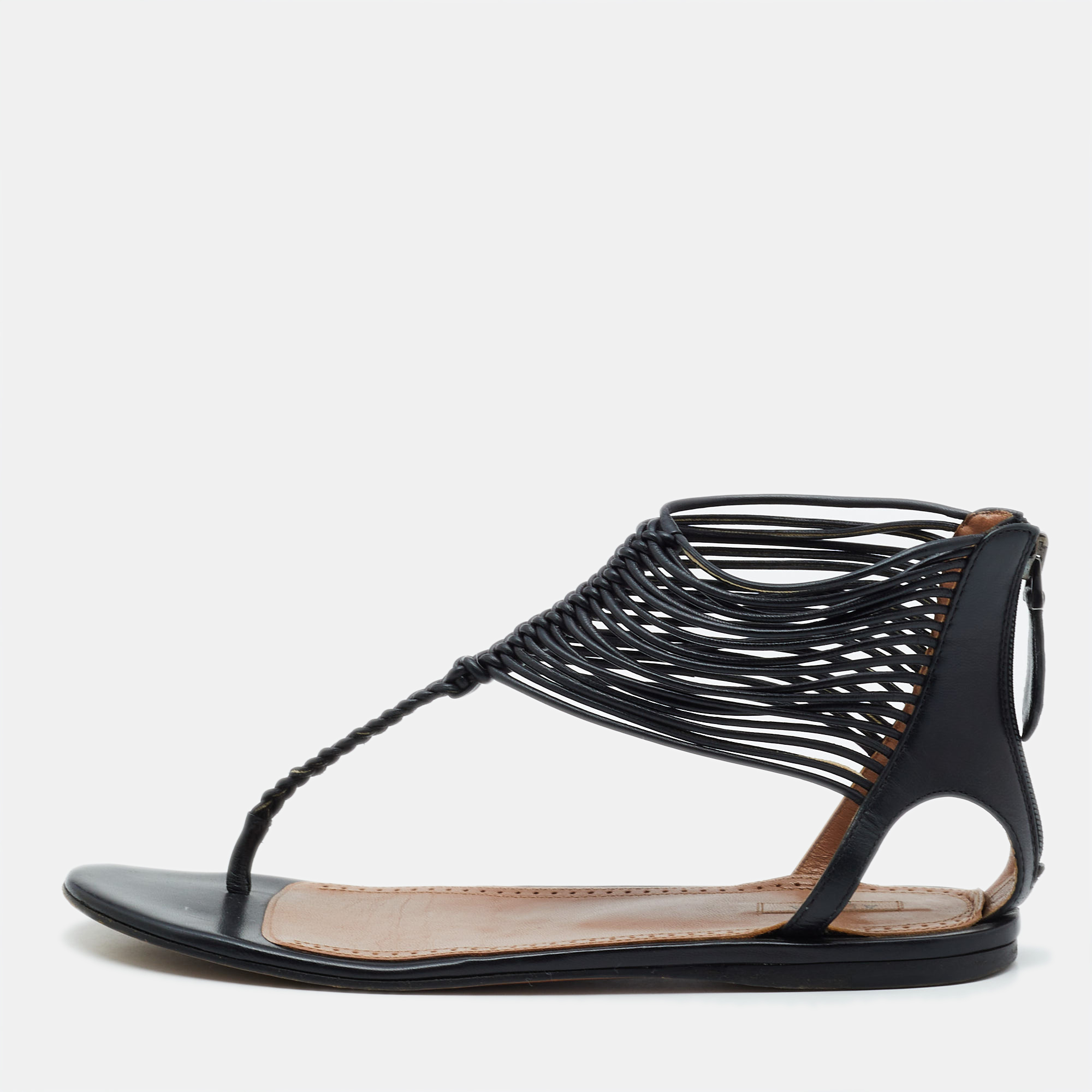 

Alaia Black Leather T-Strap Flat Sandals Size