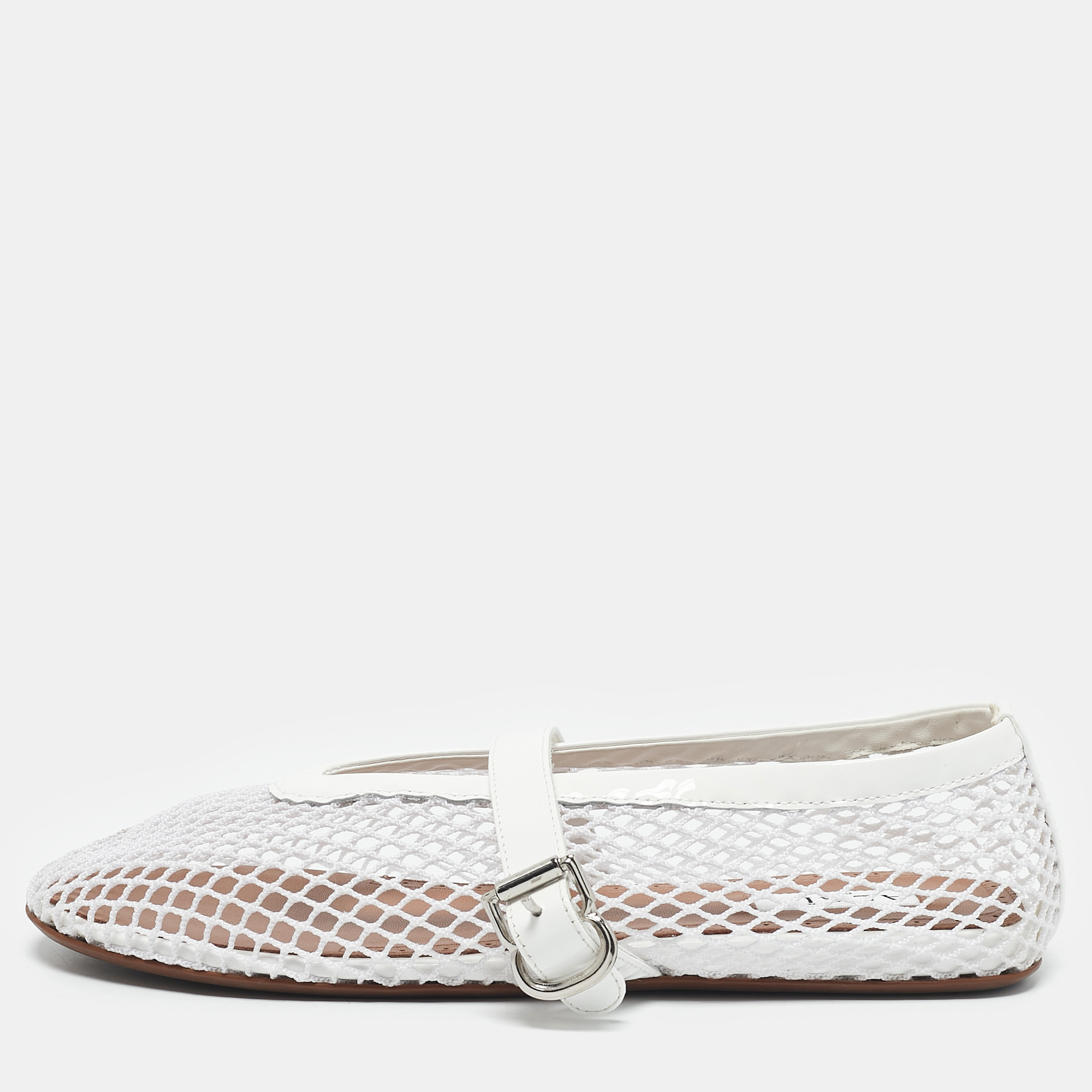 

Alaia White Mesh and Patent Leather Buckle Detail Ballet Flats Size