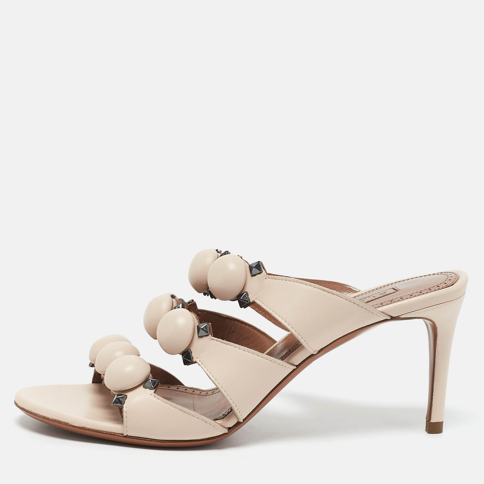 

Alaia Light Beige Leather Studded Bombe Slide Sandals Size