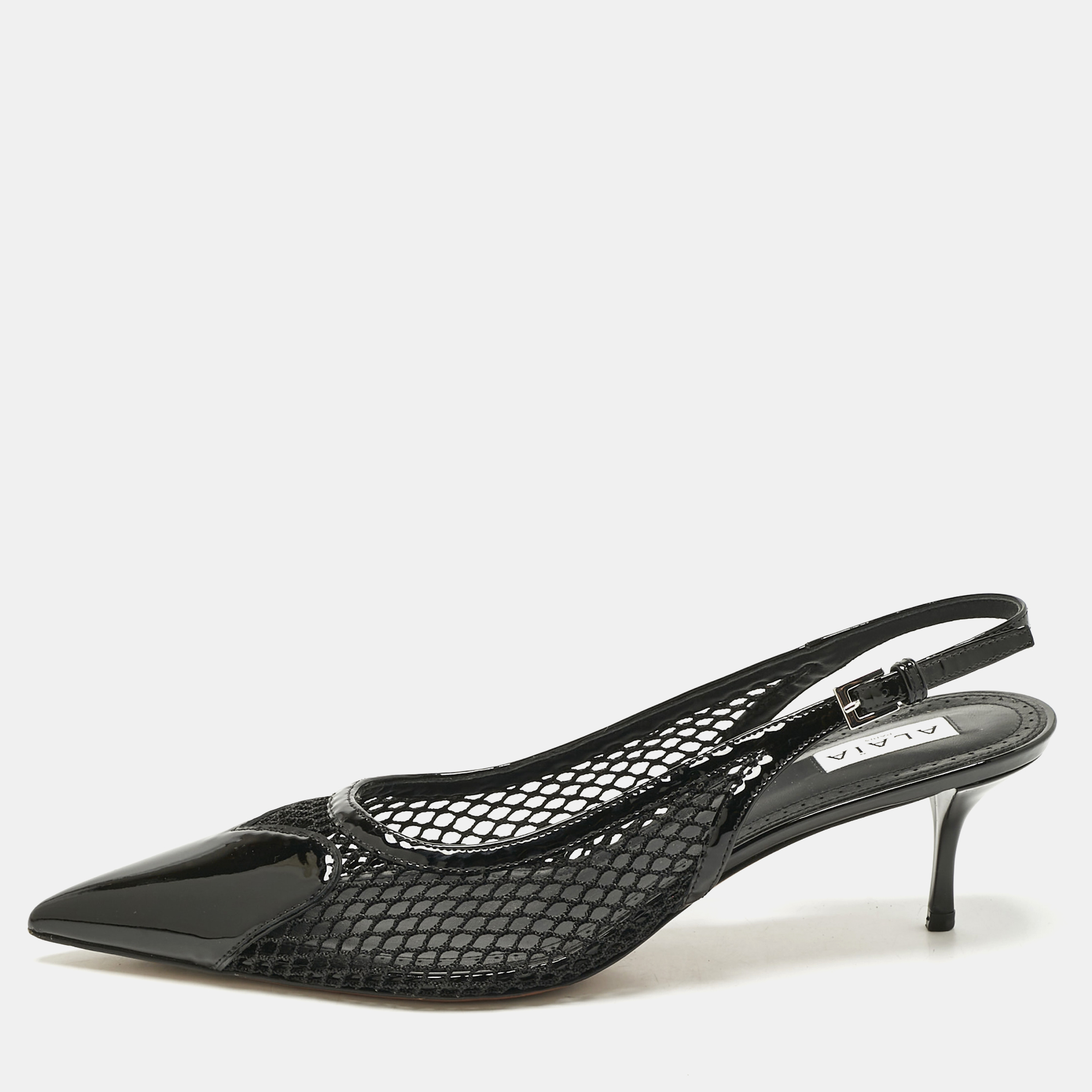 Pre-owned Alaïa Black Patent Leather And Mesh Le Coeur Slingback Pointed Toe Pumps Size 41