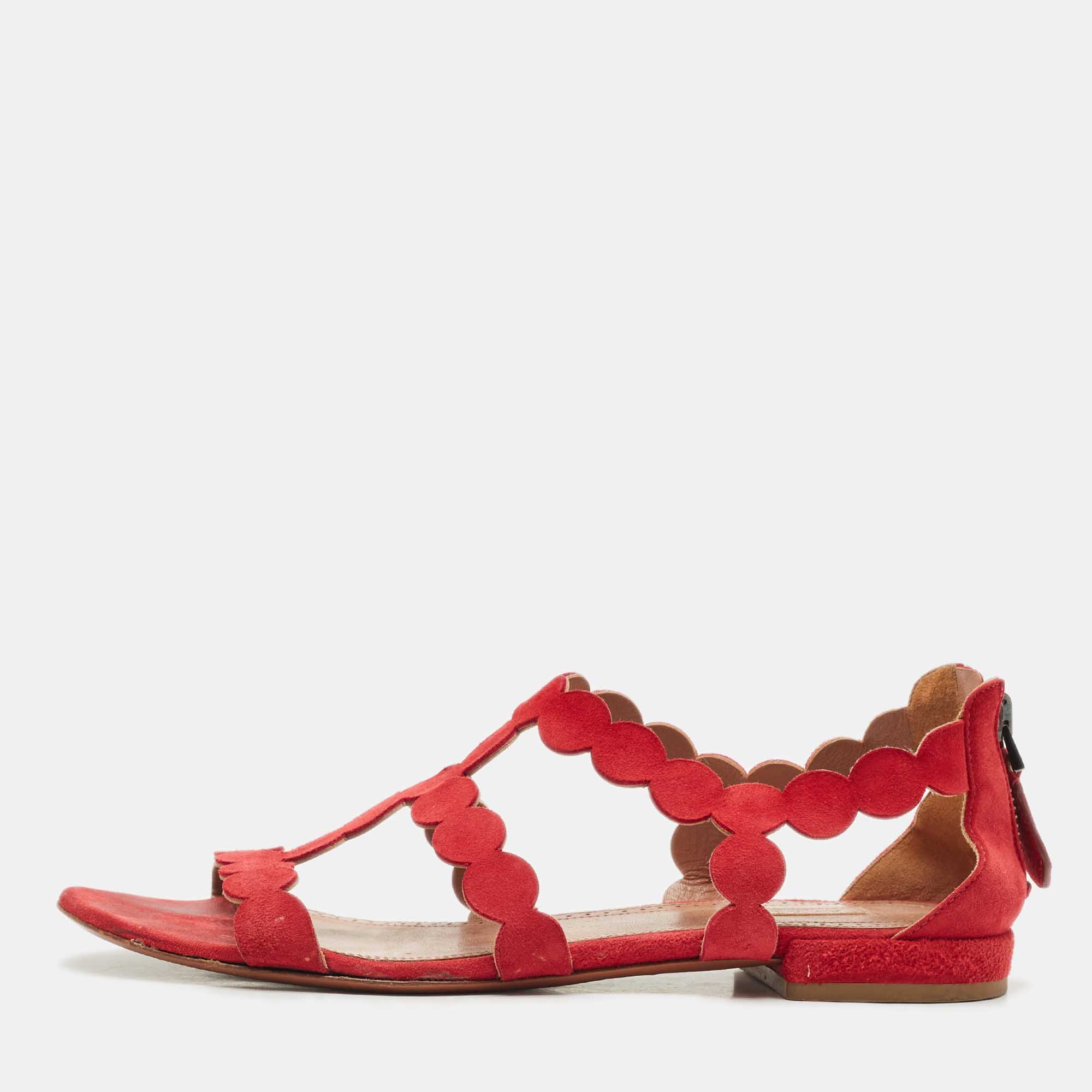 Pre-owned Alaïa Red Laser Cut Suede Open Toe Flat Sandals Size 38.5
