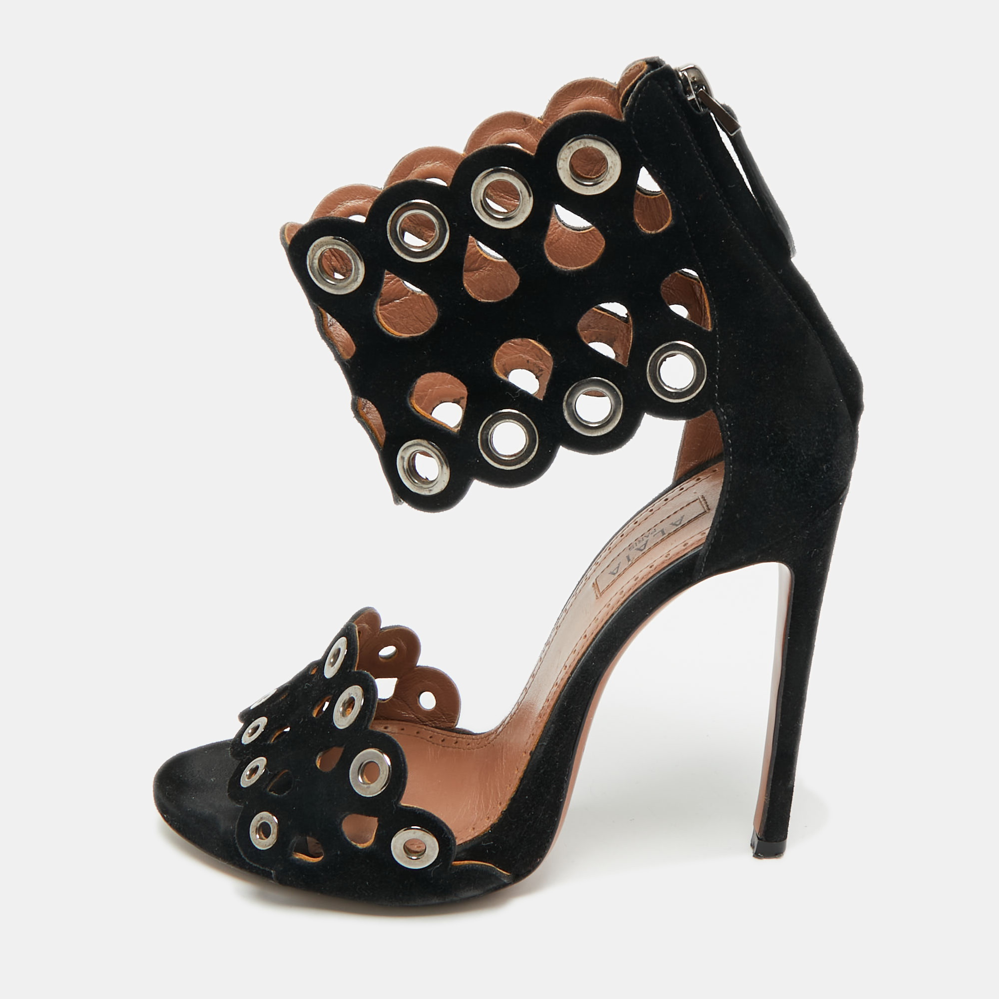 Pre-owned Alaïa Black Suede Eyelet Embellished Ankle Strap Sandals Size 35