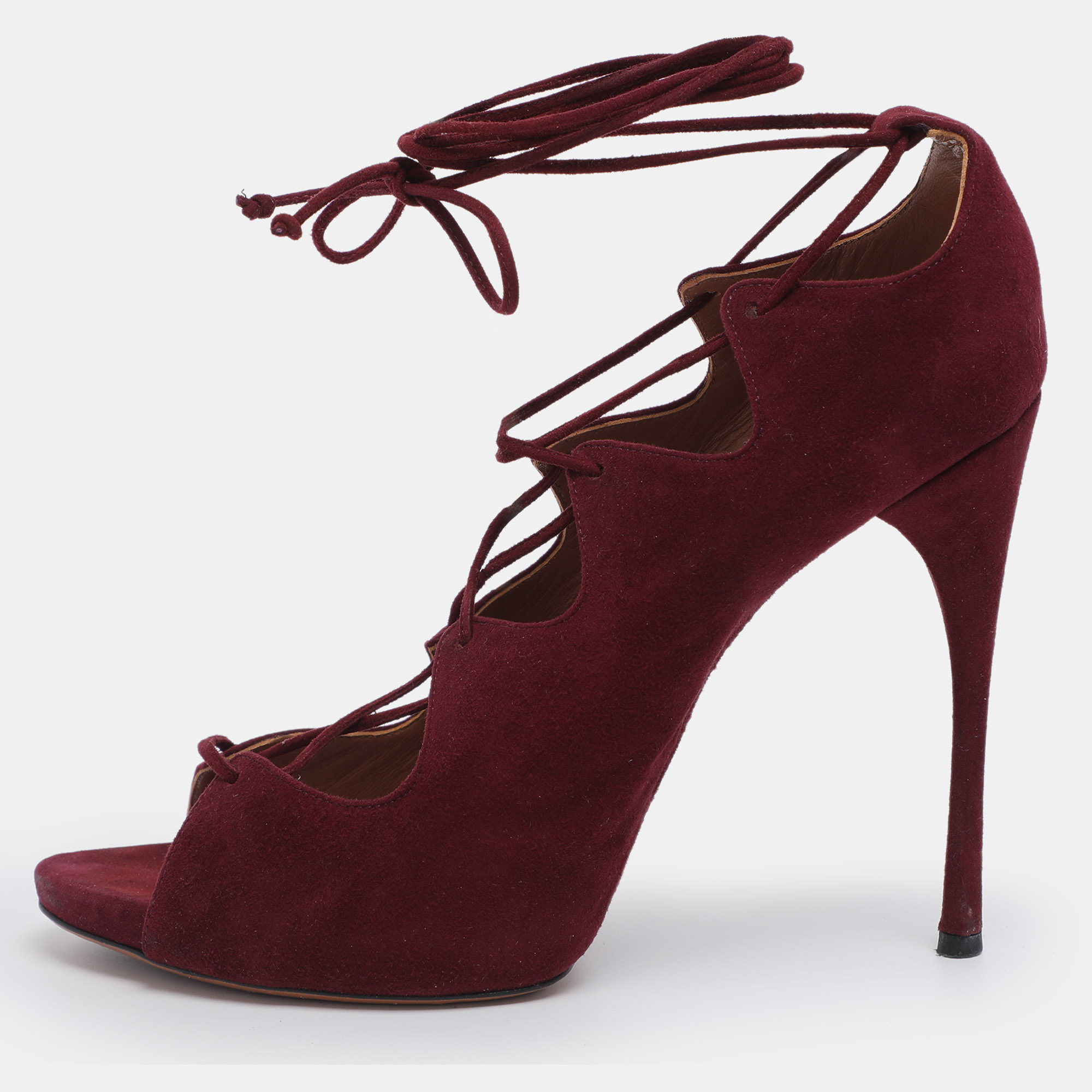 Pre-owned Alaïa Burgundy Suede Lace Up Open Pumps Size 41