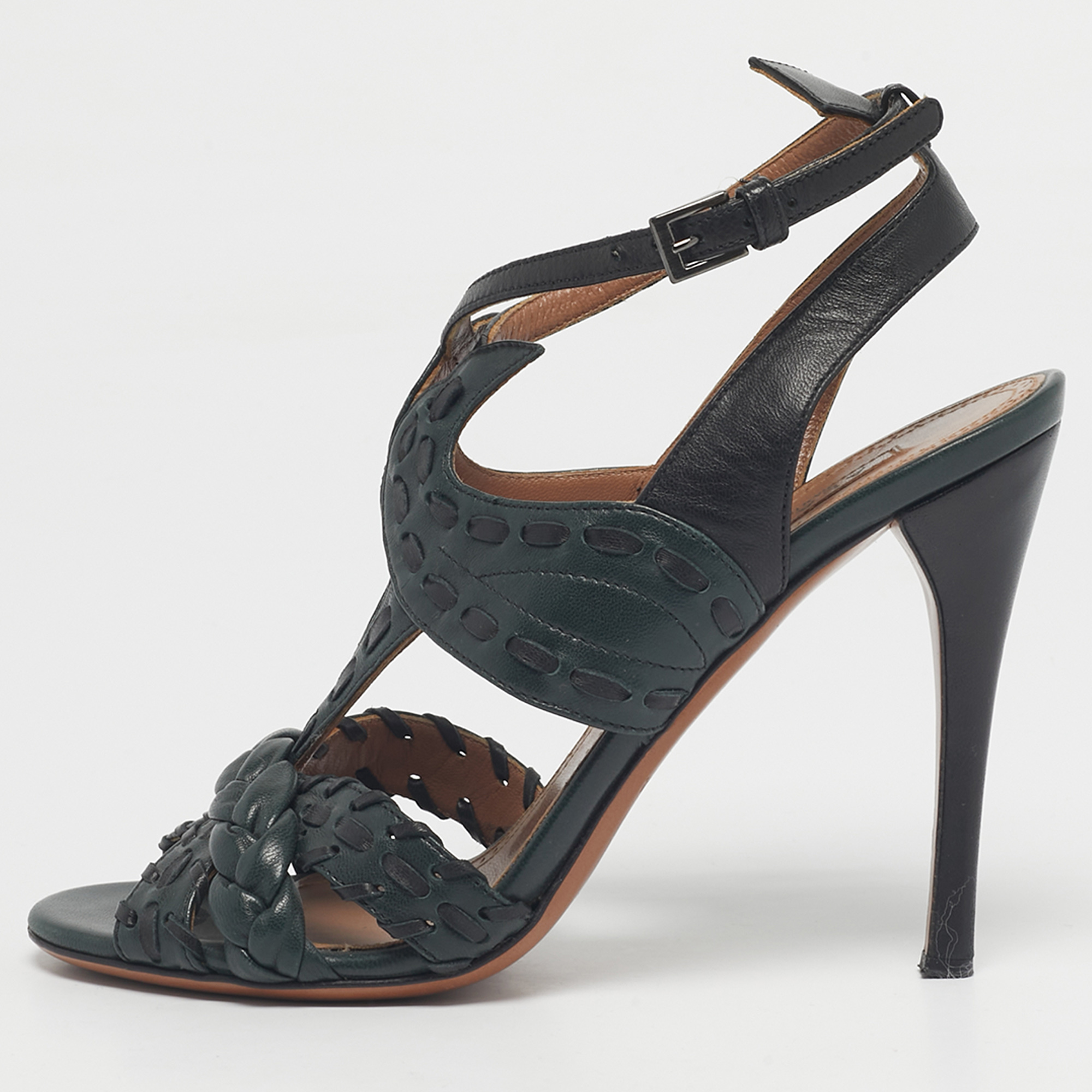 

Alaia Black/Dark Green Leather Ankle Strap Sandals Size