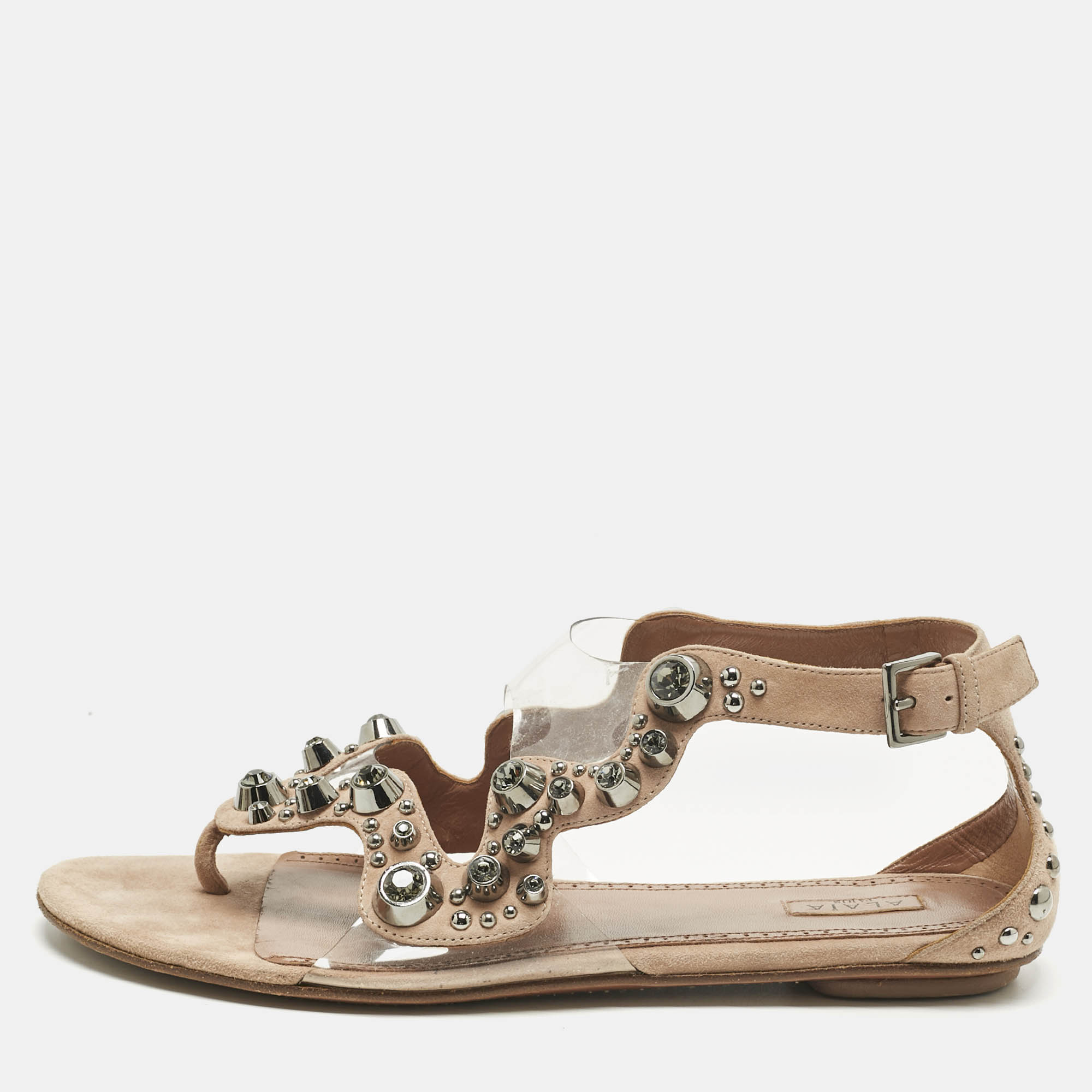 

Alaia Beige/Transparent Suede and PVC Crystal Embellished Ankle Strap Flats Size