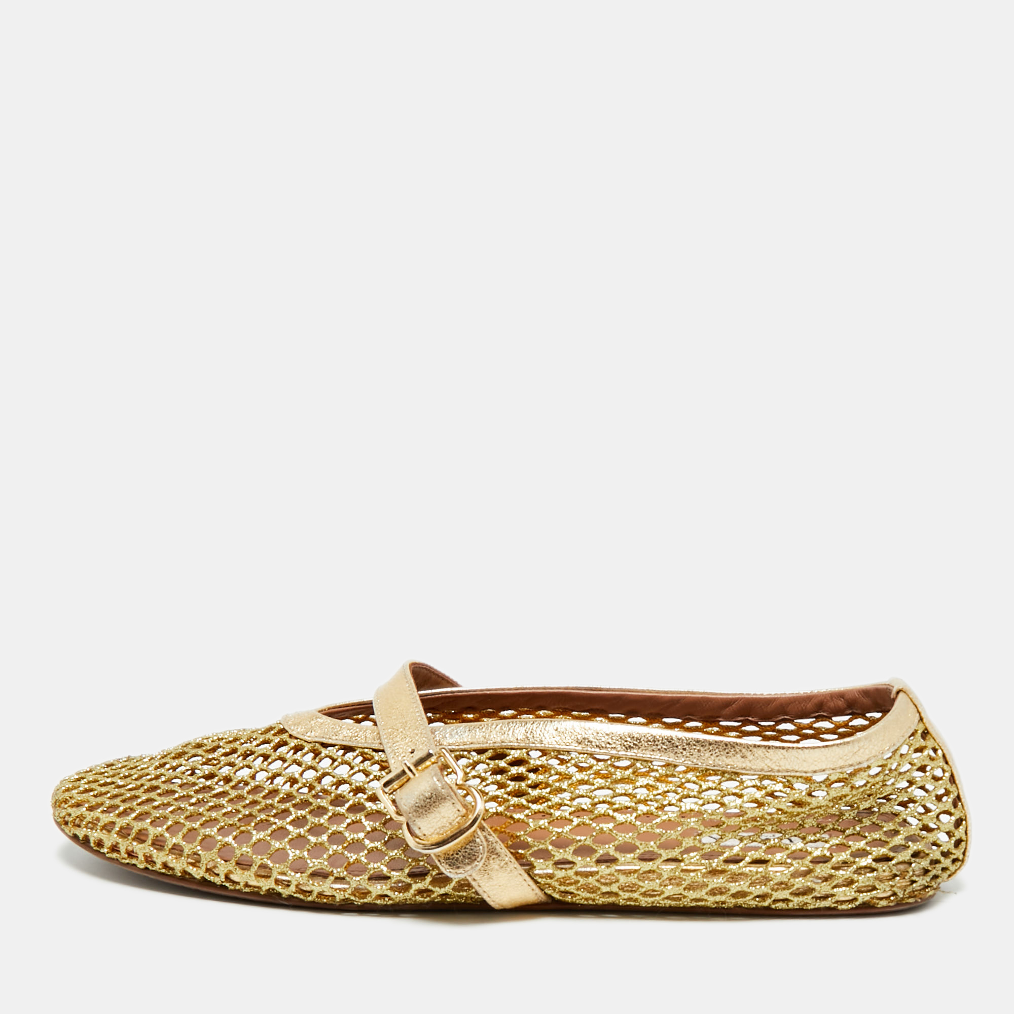 Pre-owned Alaïa Gold Leather And Mesh Mary Jane Ballet Flats Size 40